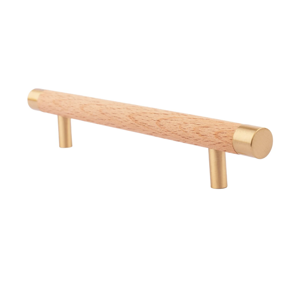 Natural wood and brass T-bar handle from Brass Essence collection, showcasing sleek design and polished finish.