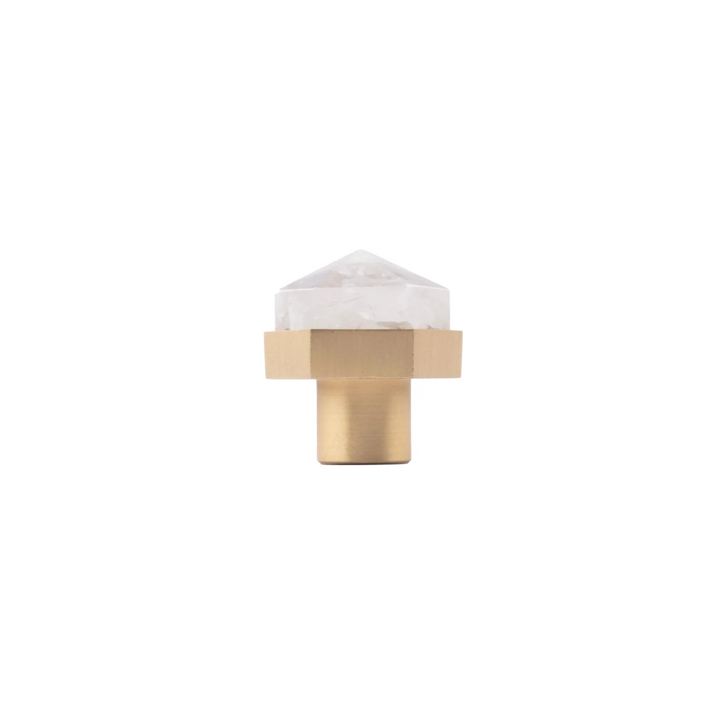 Natural crystal and brass hexagon knob by Brass Essence, showcasing a polished crystal gemstone with a brass hexagon base for furniture.