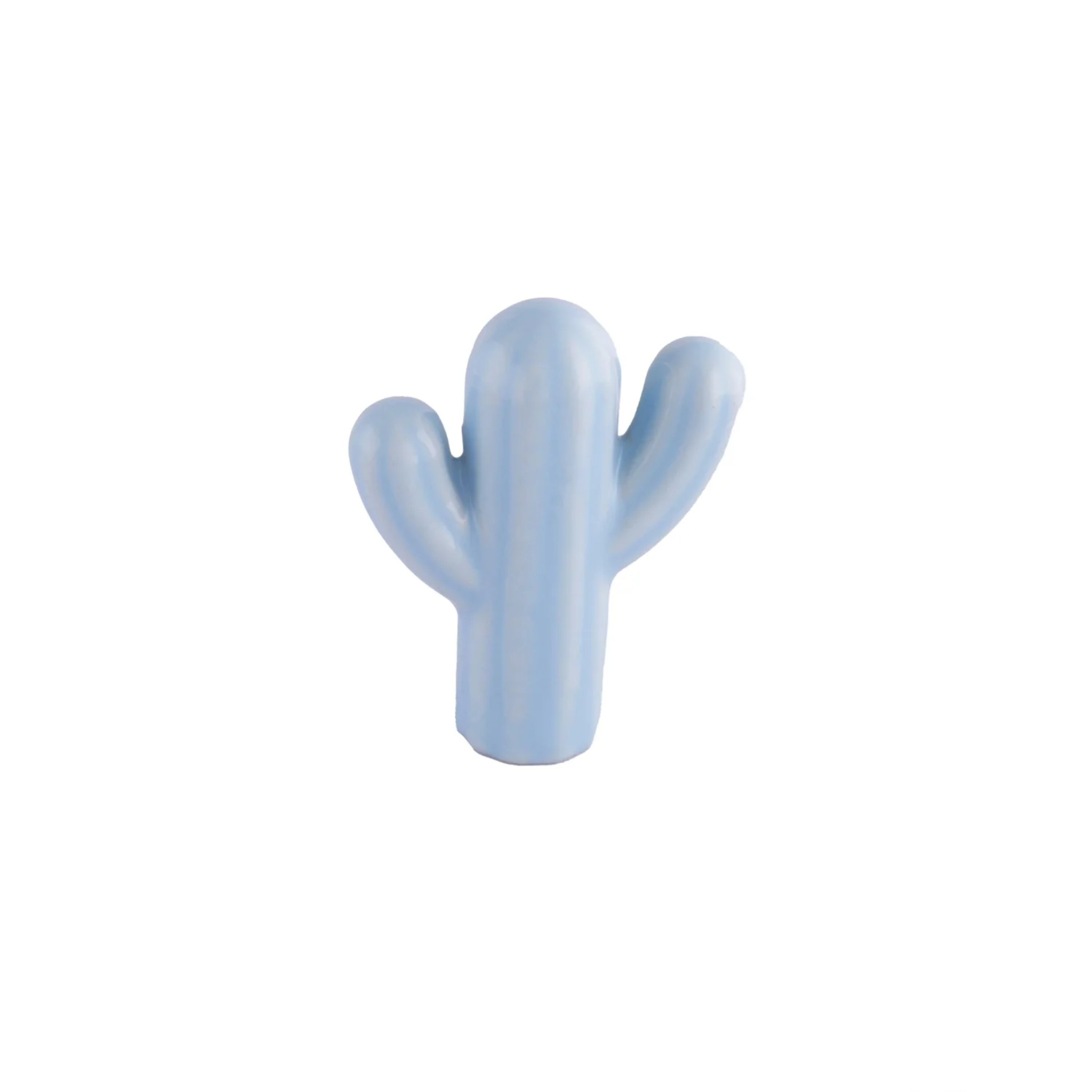 Ceramic cactus cabinet knob by Brass Essence, white with green cactus design, mounted on a wooden cabinet door.