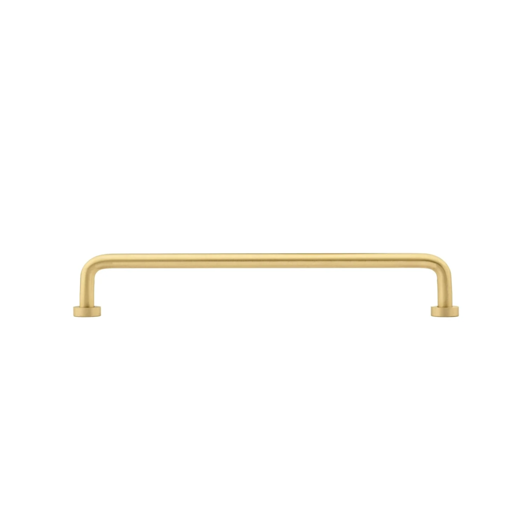 Minimalist solid brass curved handle by Brass Essence, showcasing sleek design and polished finish on a white background.