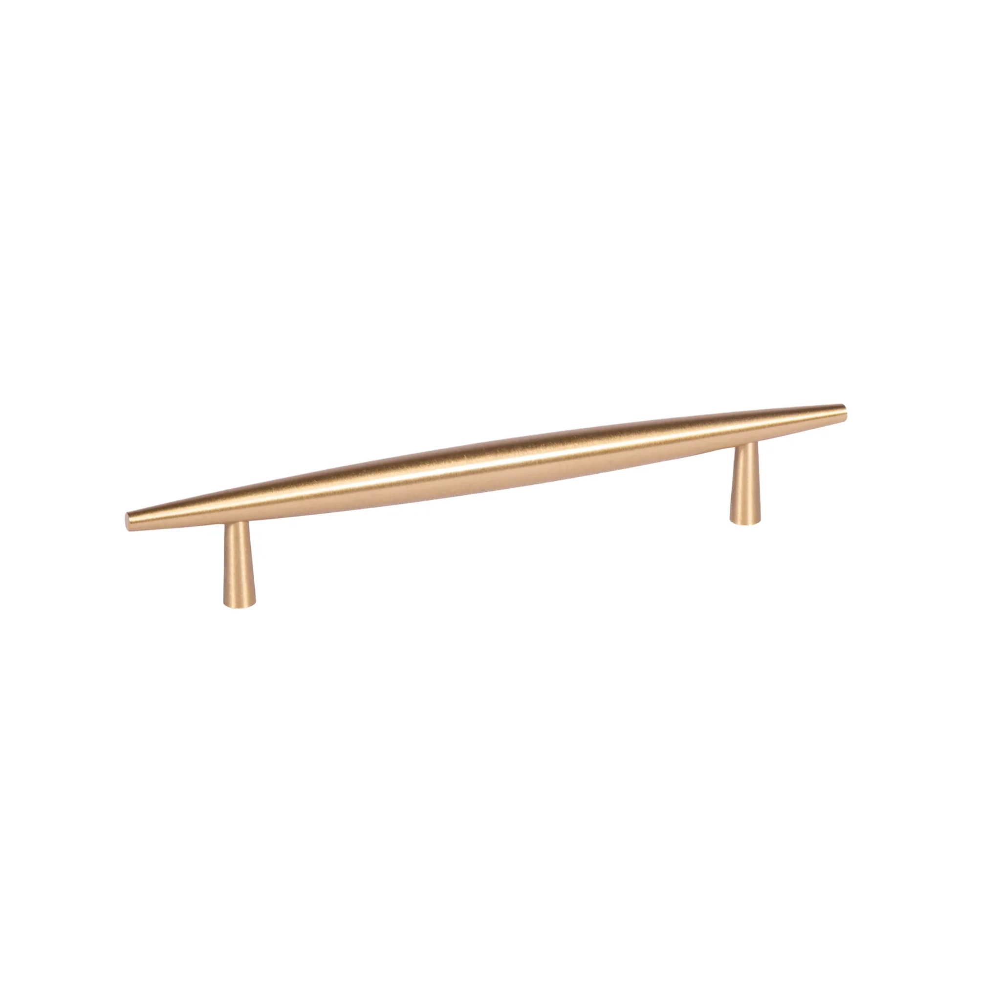 Brass Essence tapered brass cabinet pull with spindle design, showcasing its polished finish and ergonomic grip.