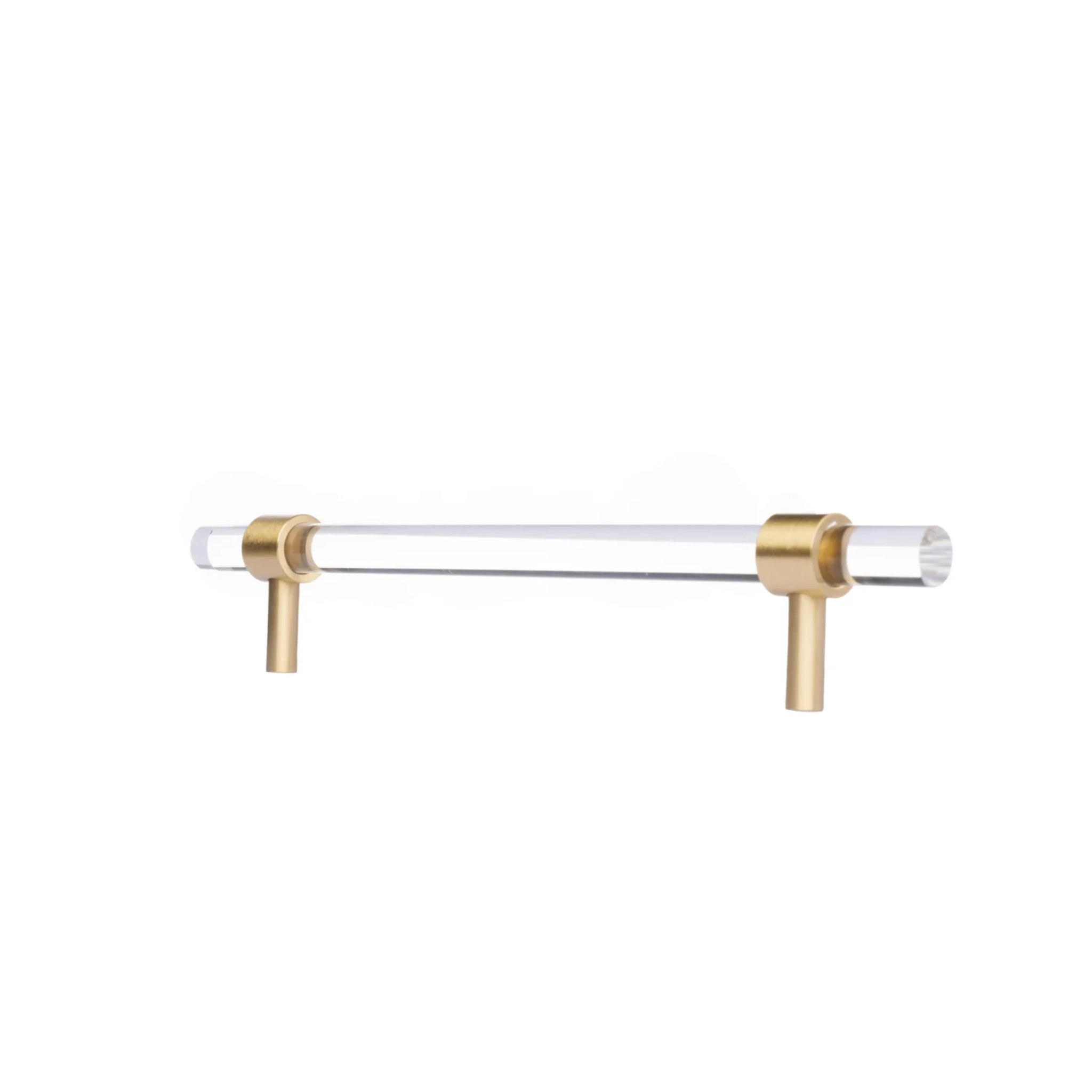 Clear acrylic and brass T-bar handle from Brass Essence collection, showcasing sleek modern hardware with brass accents.
