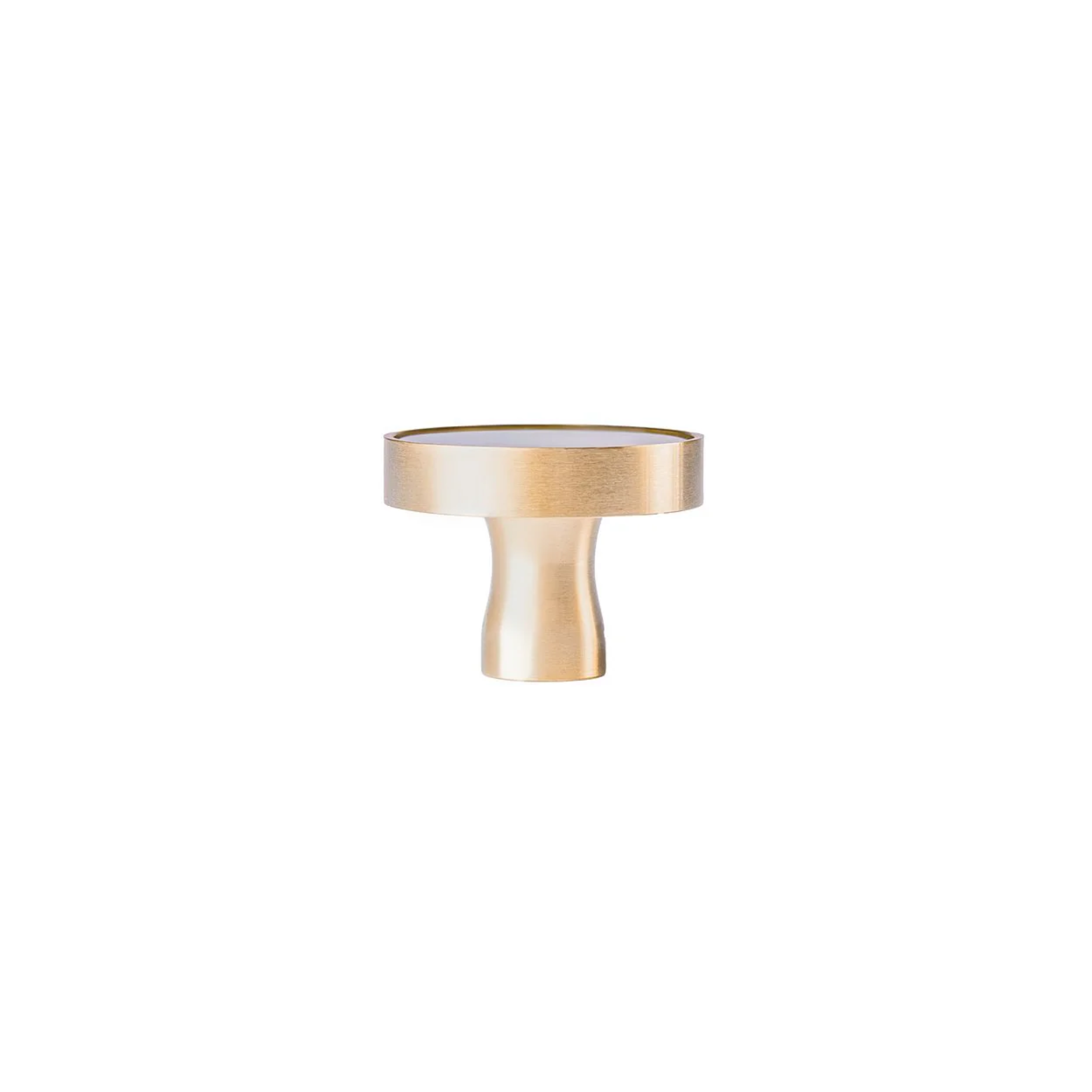 Brass Essence acrylic and brass disc cabinet knob with sleek round design, shiny brass finish, and modern style.