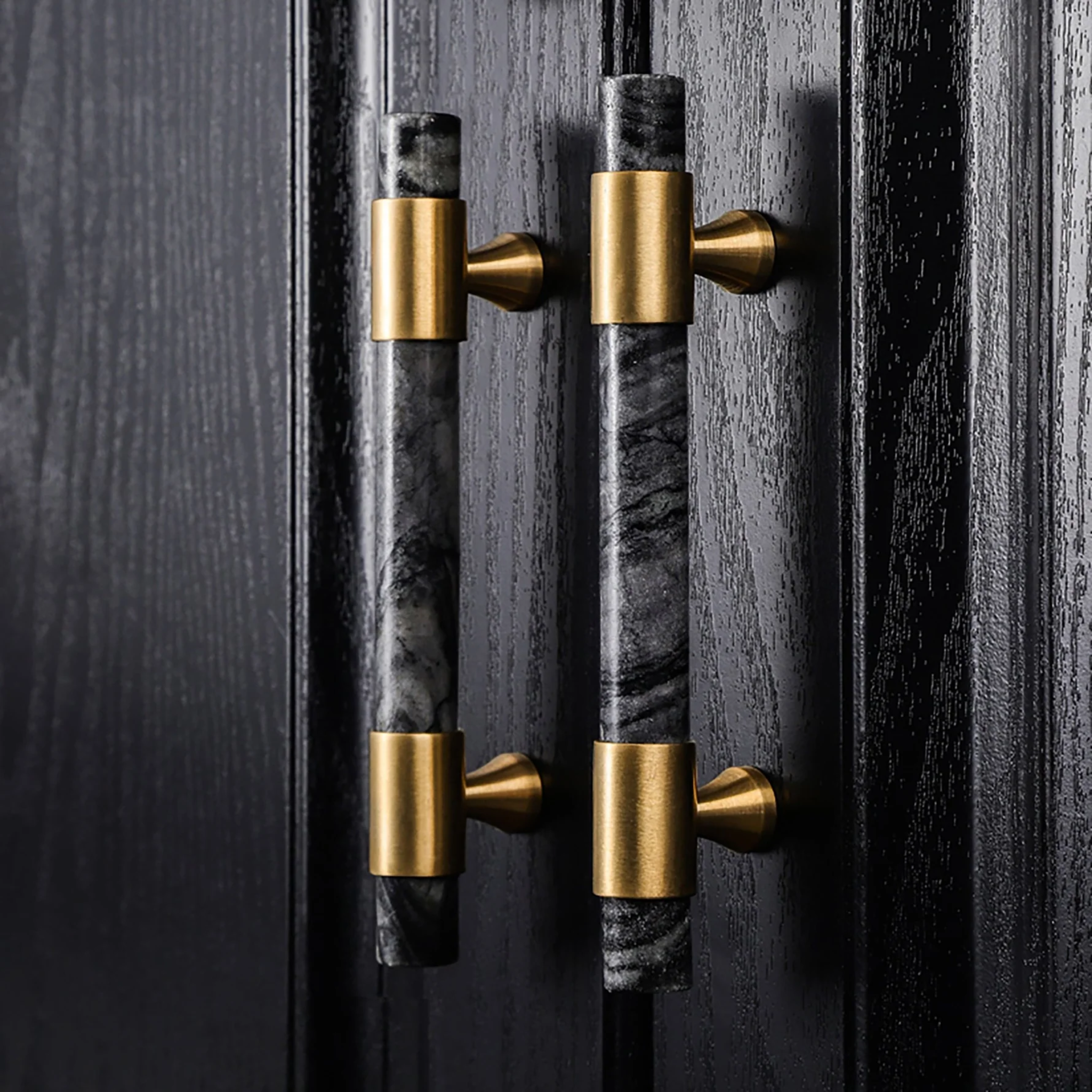 Brass Essence Karish marble and brass handle with brushed finish, decorative hardware for furniture or cabinetry.