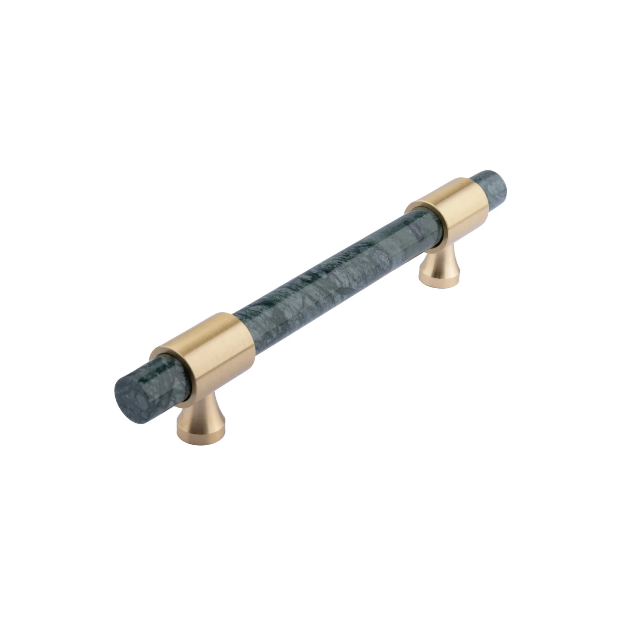 Brass Essence Karish marble and brass handles with a brushed finish, showcasing elegant, luxurious hardware for furniture or cabinetry.