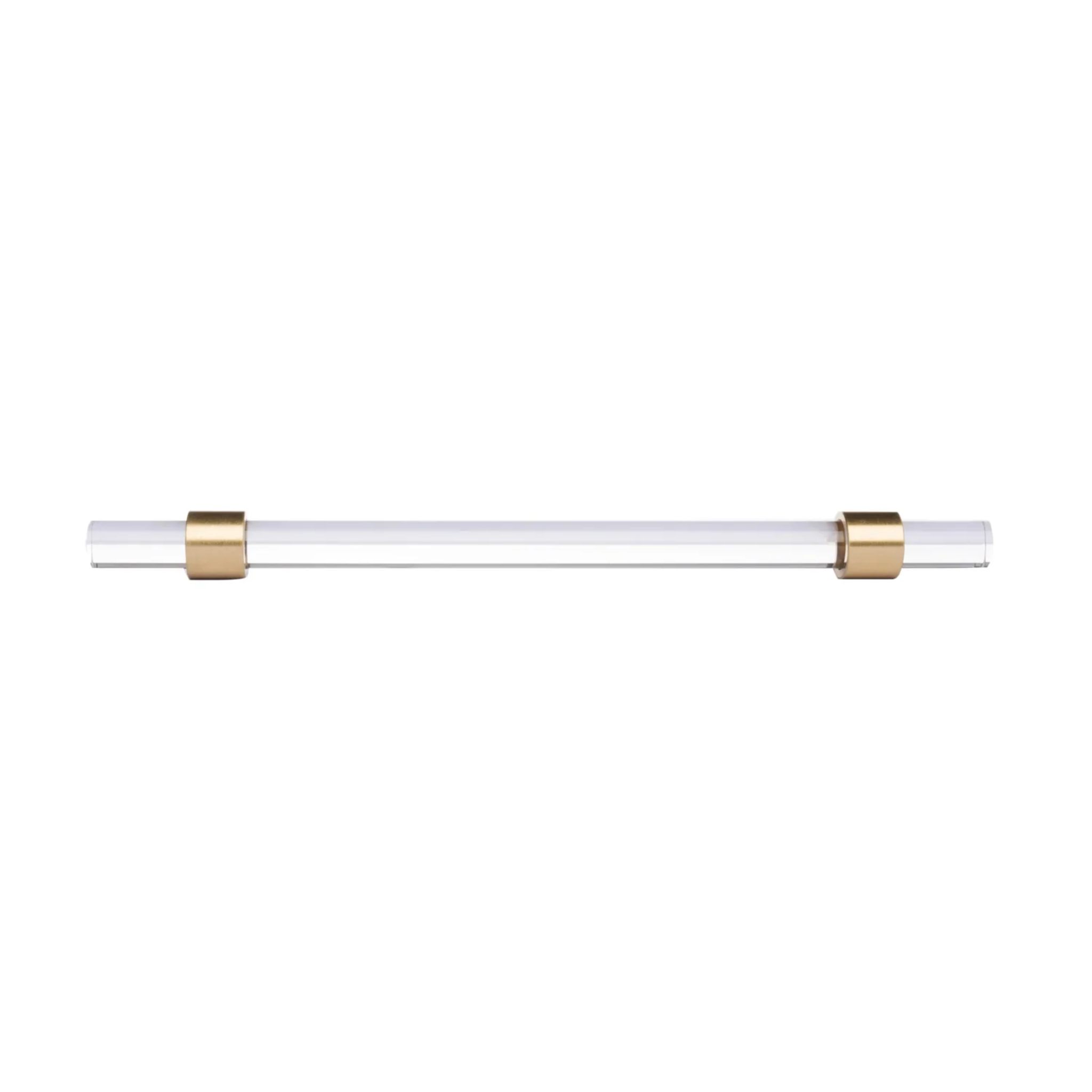 Elegant clear acrylic and brass T-bar handle from Brass Essence collection, showcasing a sleek modern design for furniture or cabinetry.