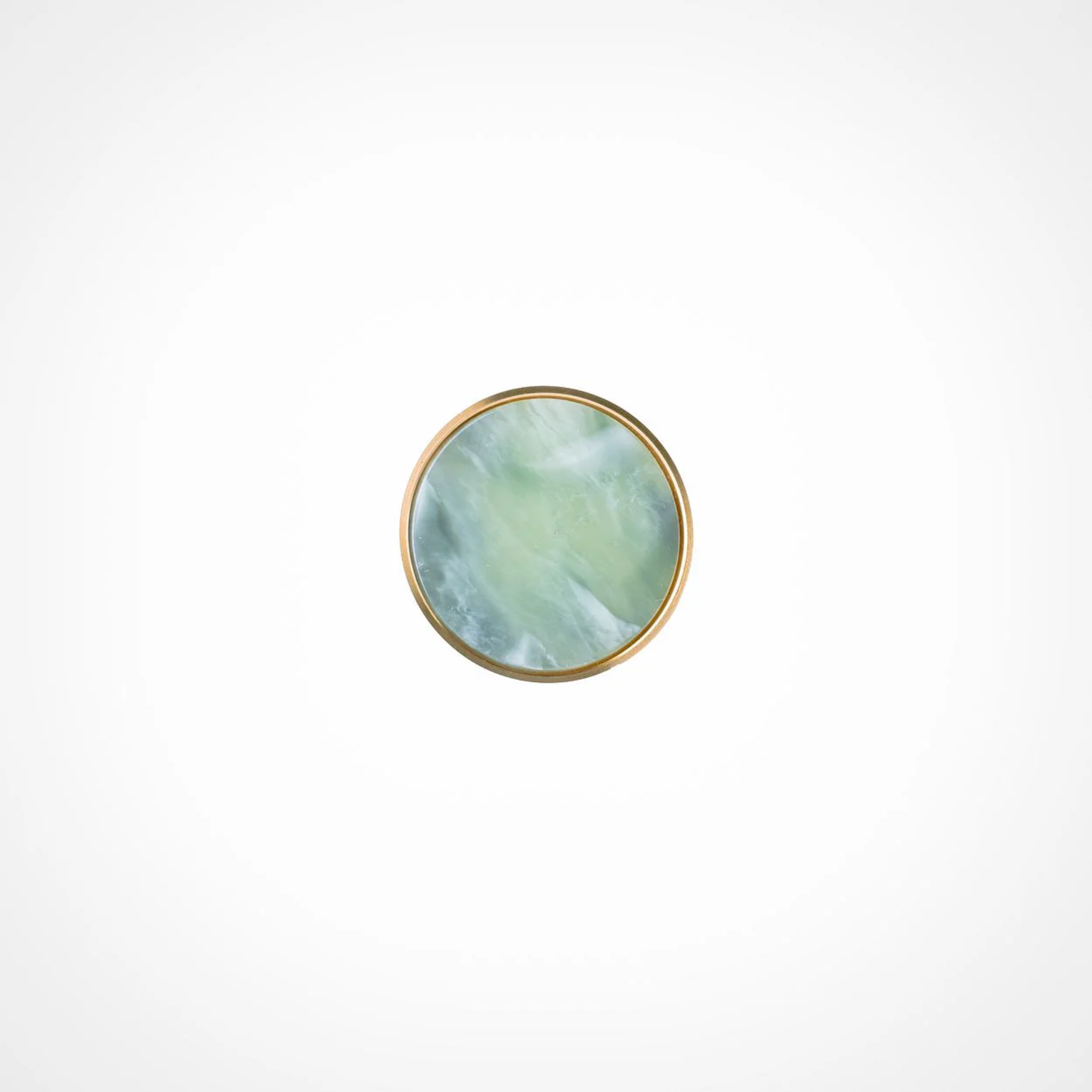 Acrylic and brass disc cabinet knob by Brass Essence, featuring a sleek round design with a brass finish and clear acrylic center.