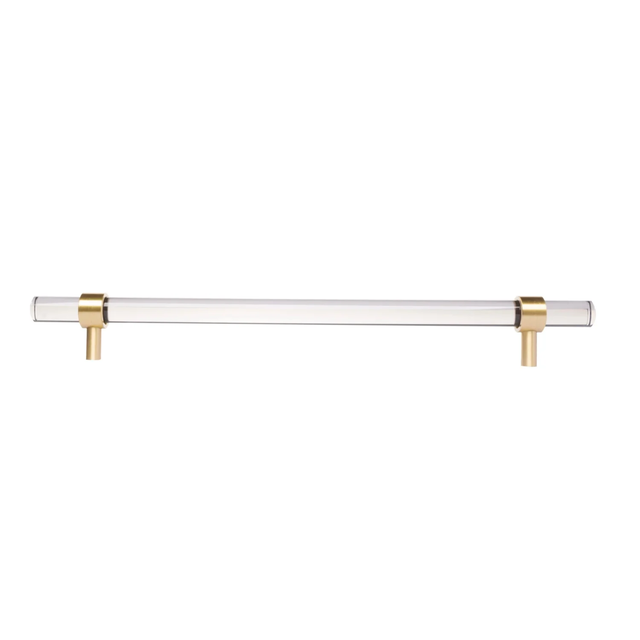 Clear acrylic and brass T-bar handle from Brass Essence, showcasing a sleek, modern design with polished brass accents.