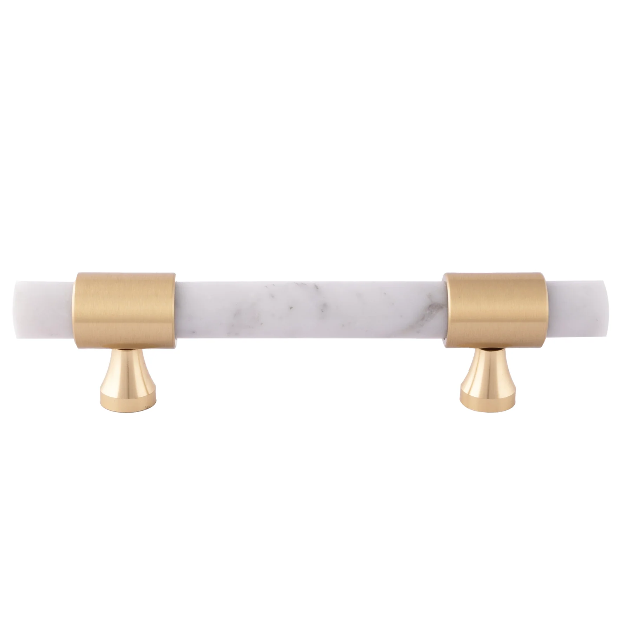Brass Essence Karish marble and brass handles with a brushed finish, showcasing elegant, modern hardware for furniture or cabinetry.
