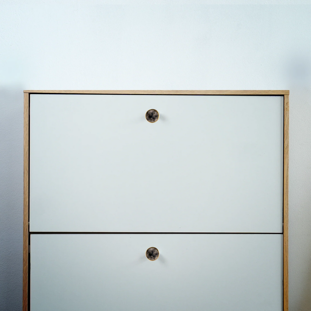 Brass Essence acrylic and brass disc cabinet knob with sleek round design, polished brass finish, and modern aesthetic.