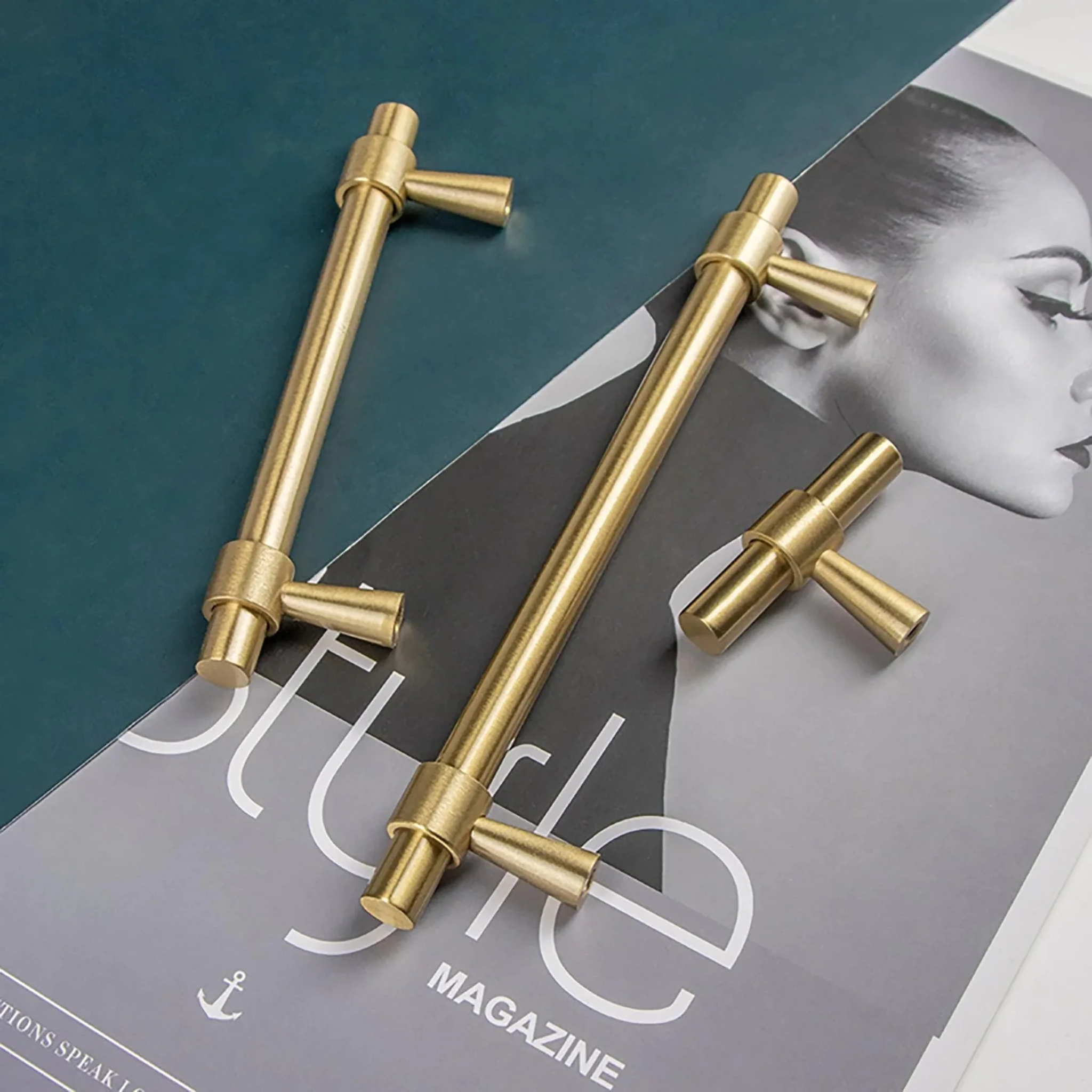Solid brass T-bar handle from Brass Essence's Naveena collection, showcasing a sleek, polished finish and durable construction.