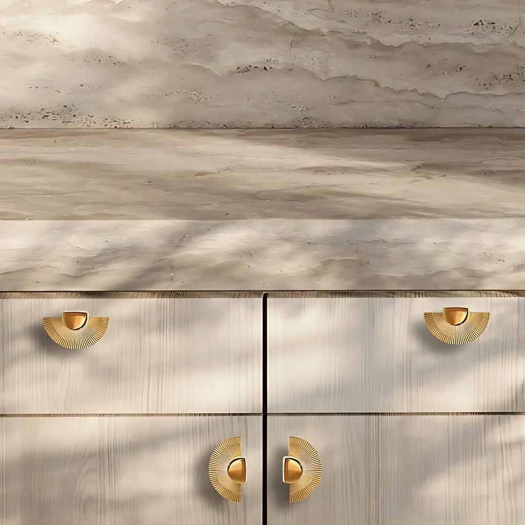 Brass Essence scalloped brass fan handle from the B-0085 collection, featuring intricate scalloped details and polished brass finish.