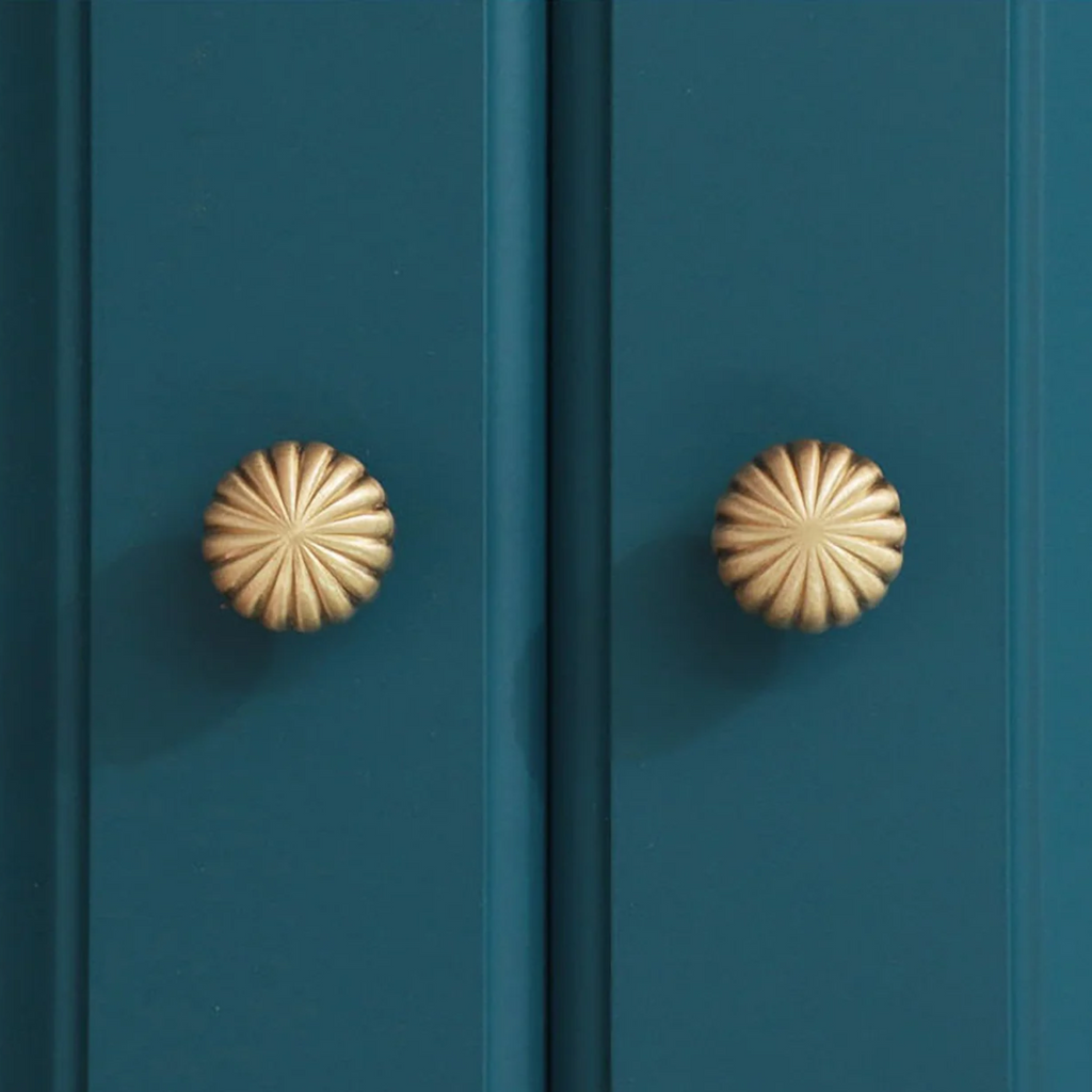 Brass essence fluted pumpkin solid brass cabinet knob in gold with textured fluted design for furniture decor.