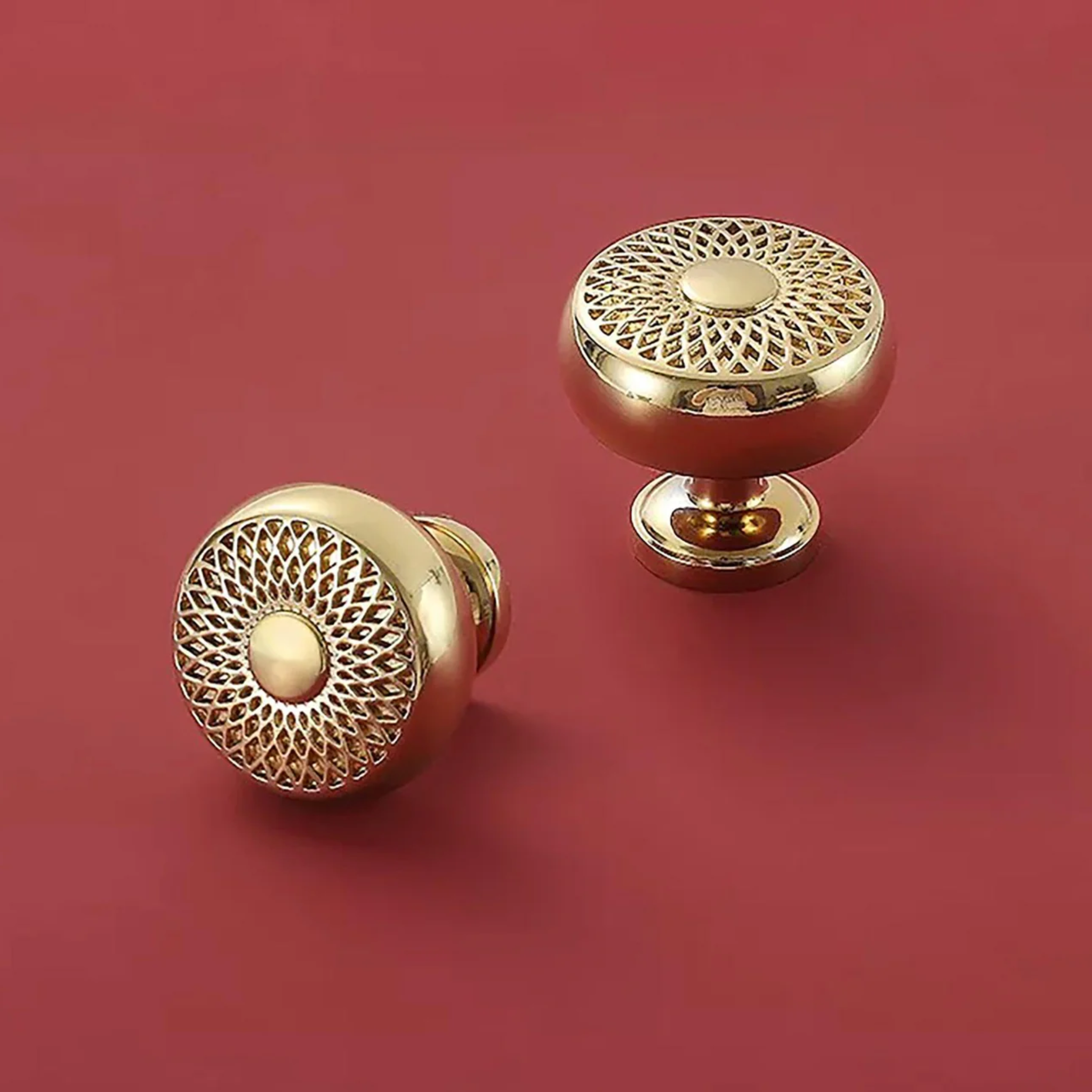 Brass Essence Mahi Amerock polished brass lattice knob showing intricate lattice design and shiny finish for cabinet or drawer decor