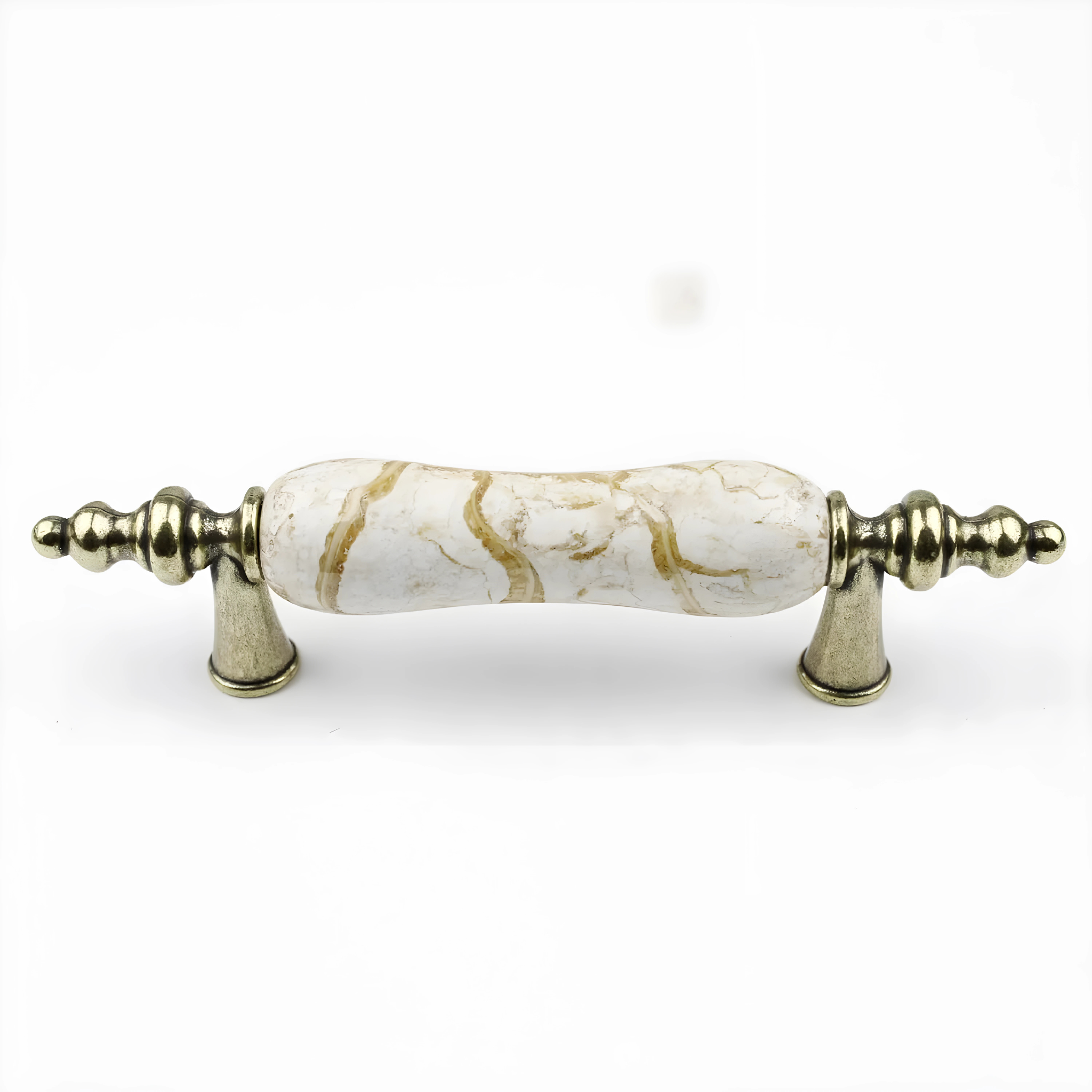 Antique ceramic and zinc cabinet pulls by Brass Essence, featuring detailed ceramic handles with zinc backing, perfect for vintage furniture.