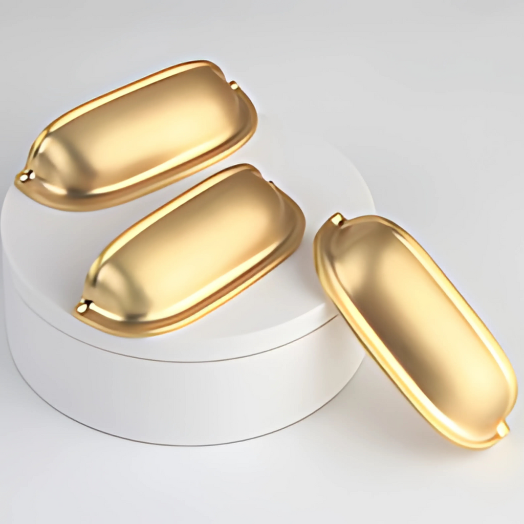 Rectangular zinc alloy cup pull handle by Brass Essence, showcasing a sleek, modern design for furniture drawers and cabinets.
