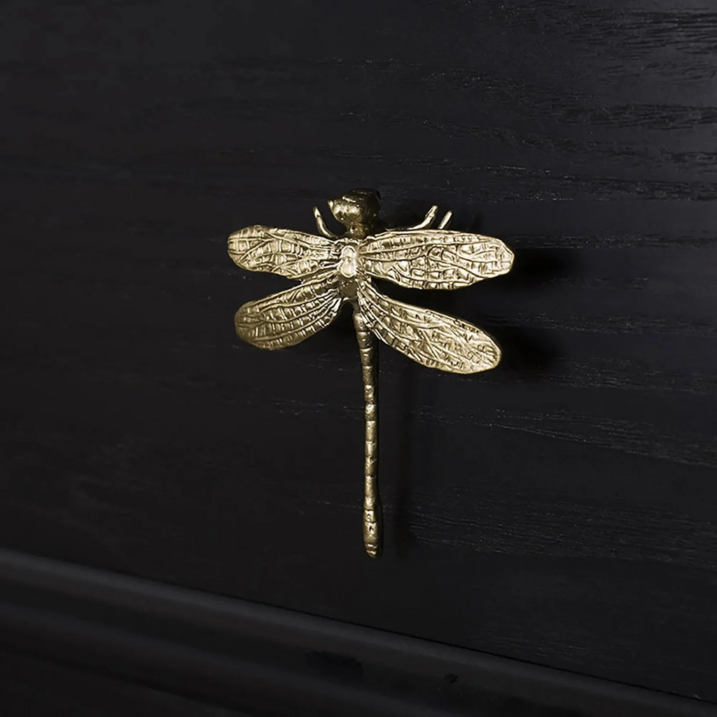 Brass Essence Dragonfly Solid Brass Cabinet Pull with intricate dragonfly design, polished finish, ideal for cabinet hardware.