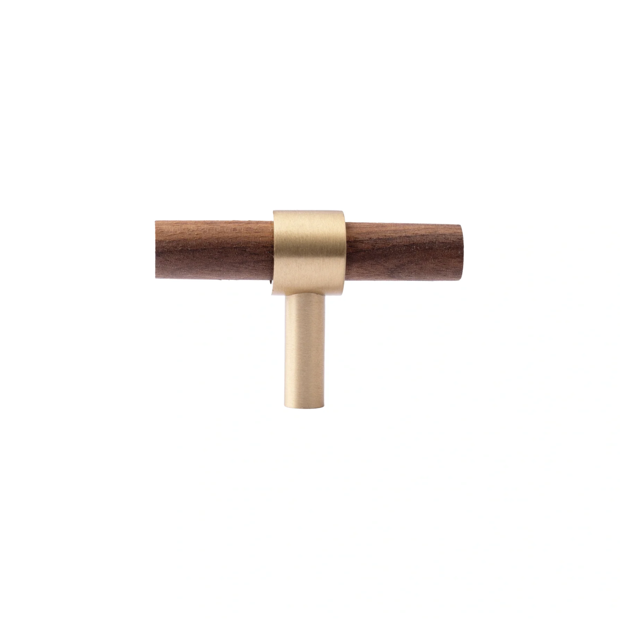 Brass Essence Walnut and brass T-bar handle from the collection, showing a close-up of the sleek, modern drawer handle design.