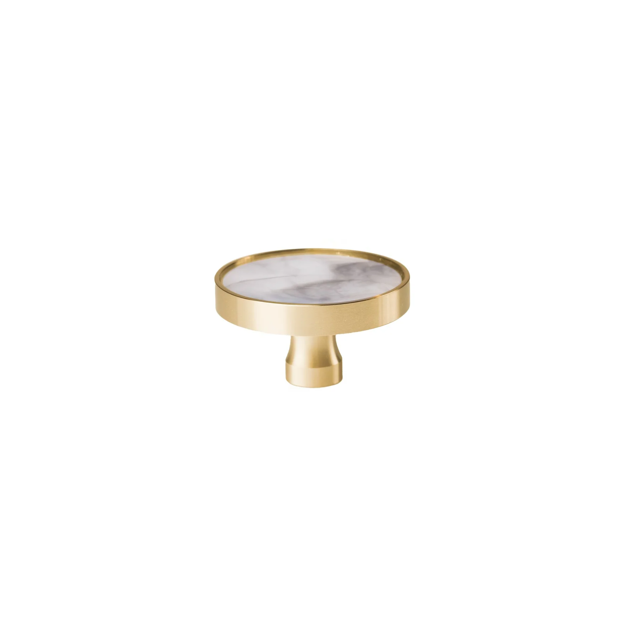 Brass essence acrylic and brass disc cabinet knob mounted on a wooden drawer, showcasing modern design and polished finish.
