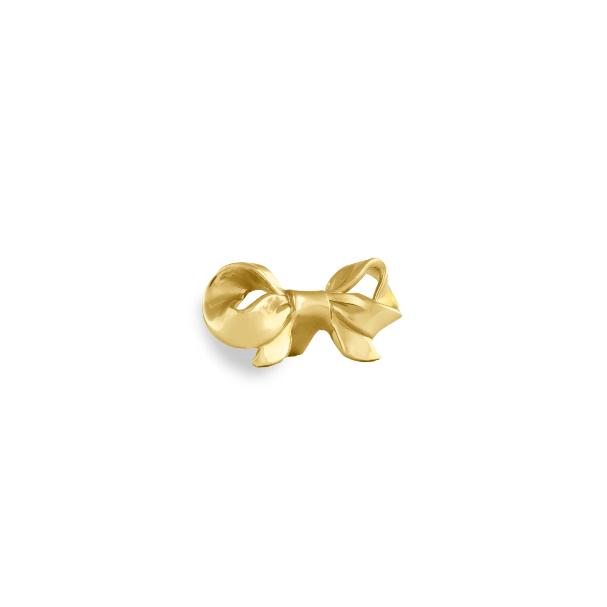 Polished brass bow cabinet knob by Brass Essence, showcasing a smooth, shiny brass finish and elegant bow shape for furniture handles.