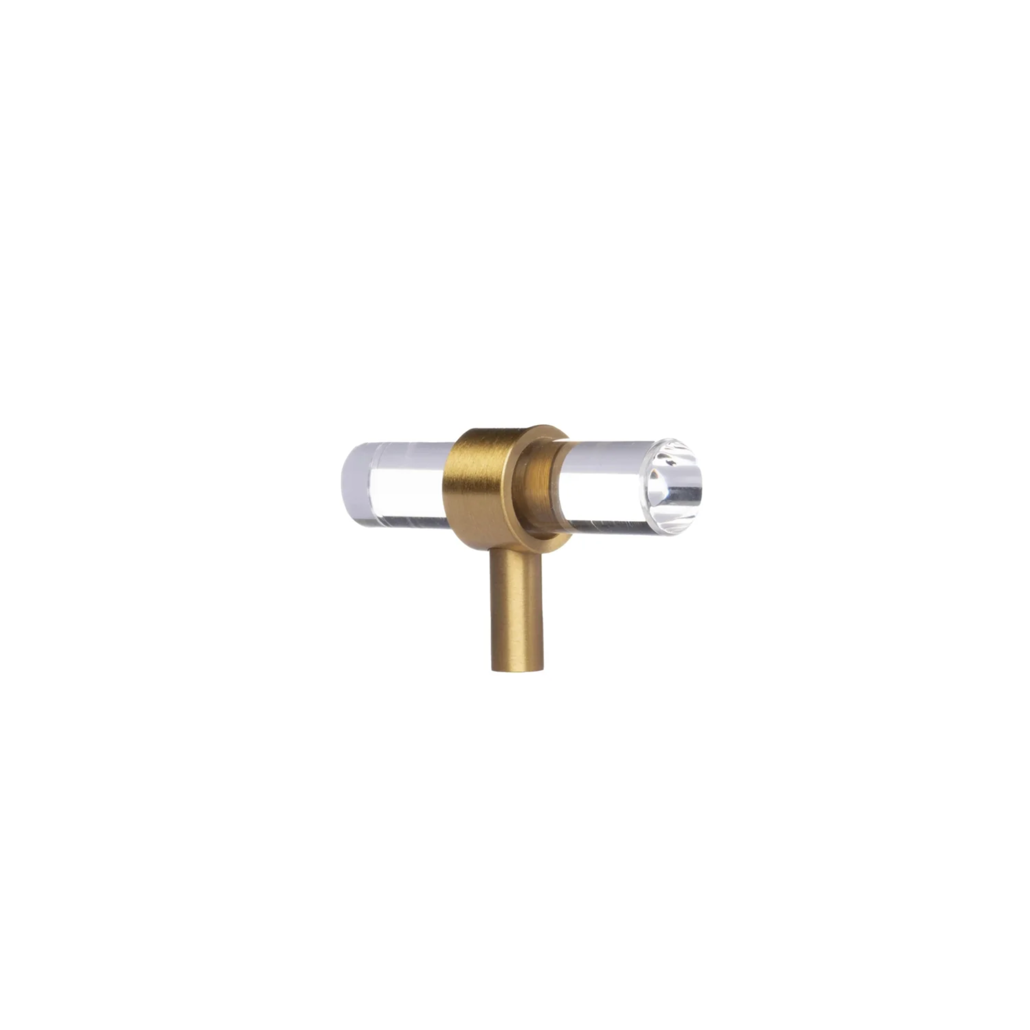 Two clear acrylic and brass T-bar handles from Brass Essence's handle collection, showcasing sleek modern design and high-quality materials.