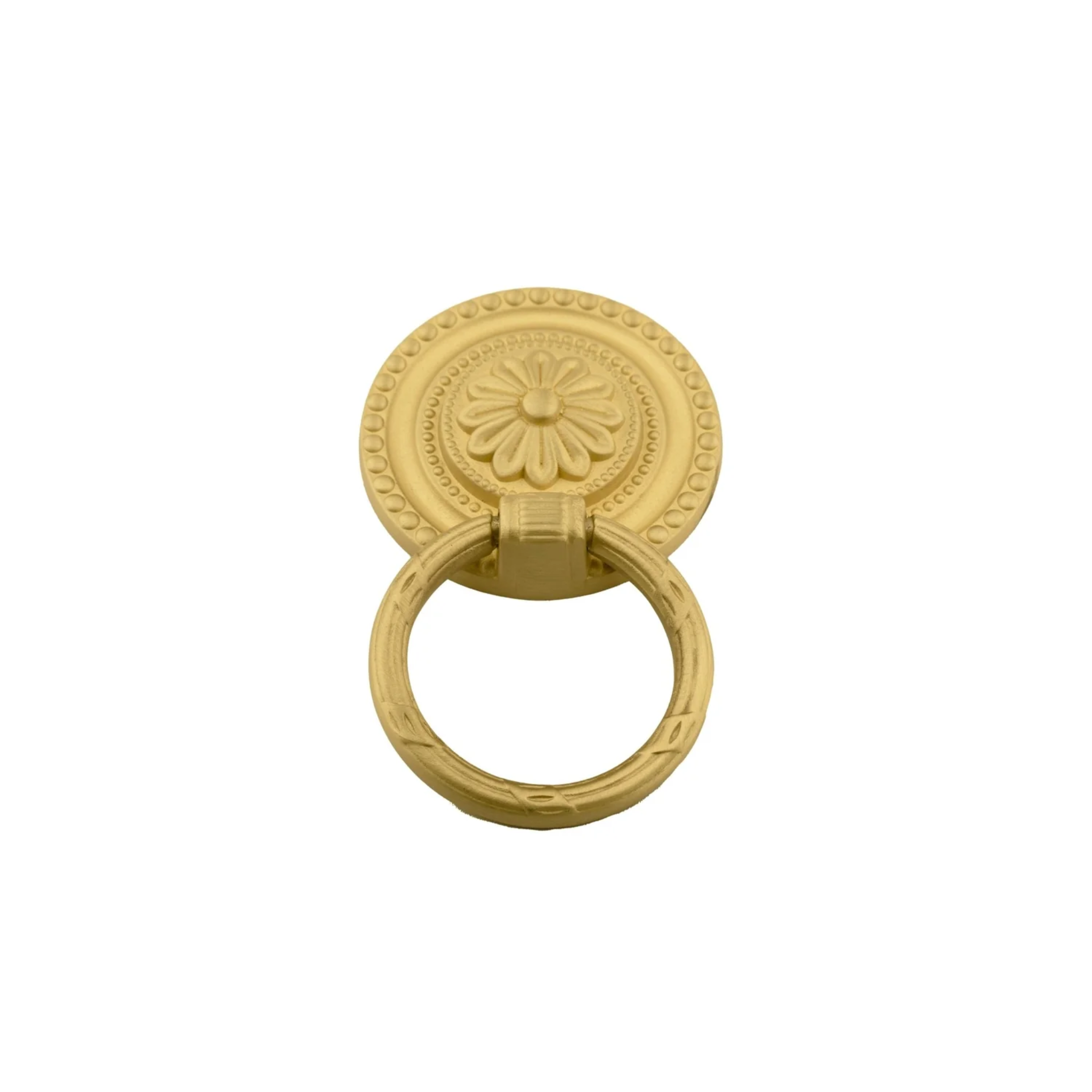 Vintage brass ring pull handle by Brass Essence, showcasing a retro brass finish with a circular ring design for furniture or cabinetry.