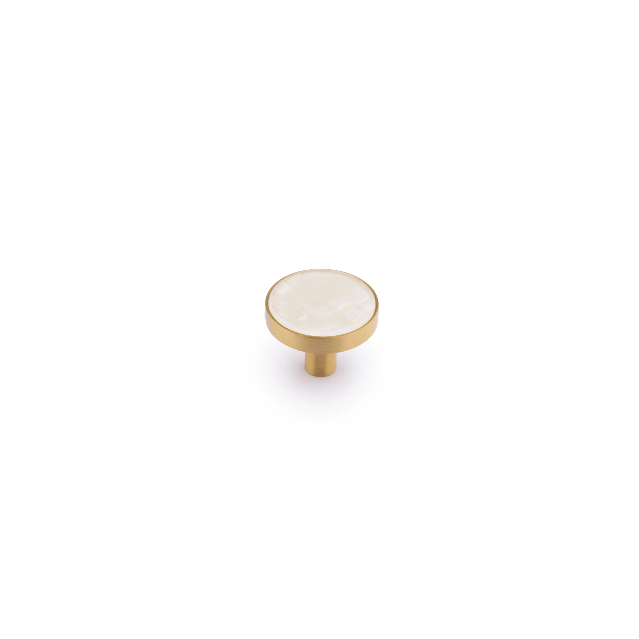 Brass Essence mother of pearl and brass round cabinet knob with a polished finish, designed for furniture and cabinetry.