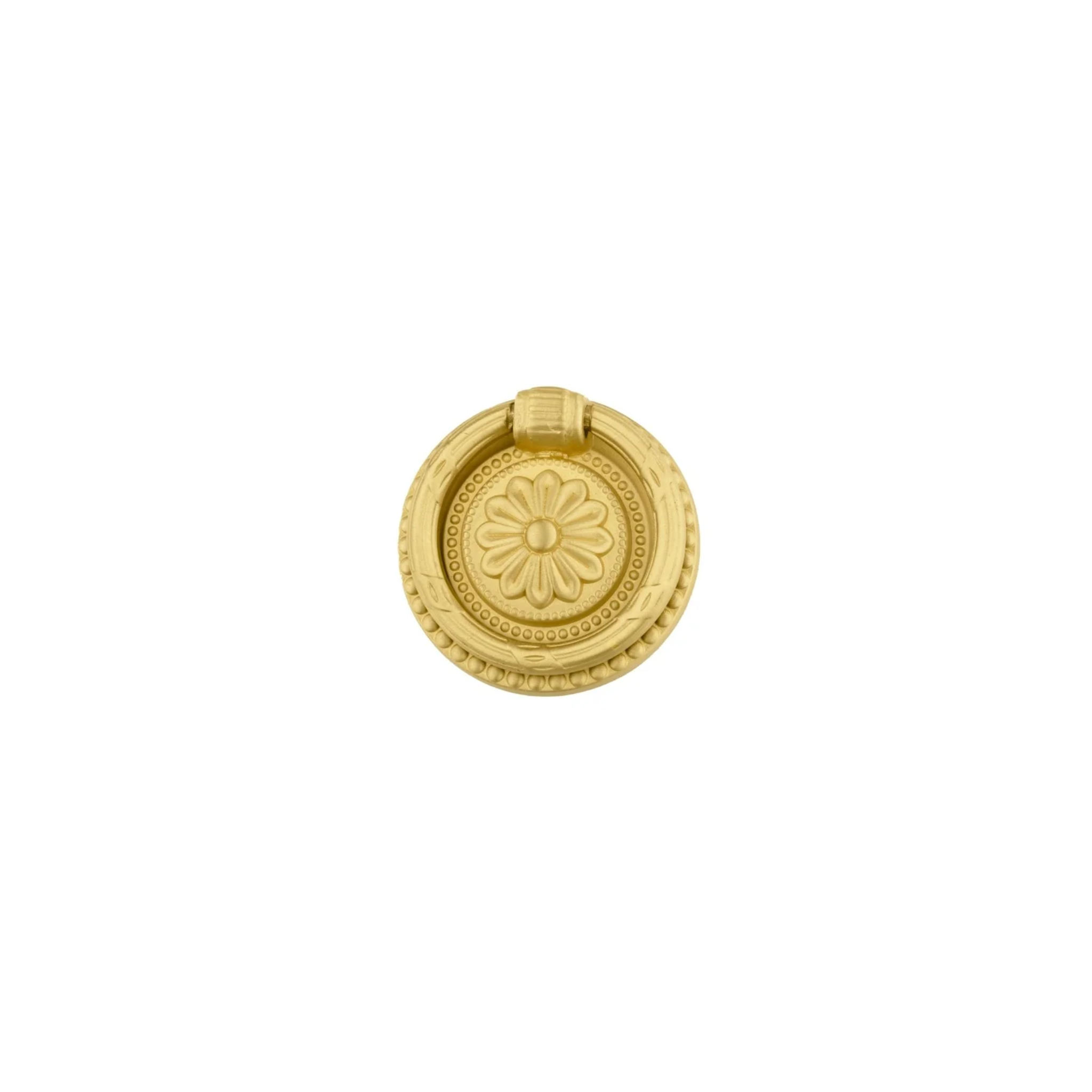 Vintage brass ring pull handle by Brass Essence, showcasing a classic retro design with a polished brass finish.