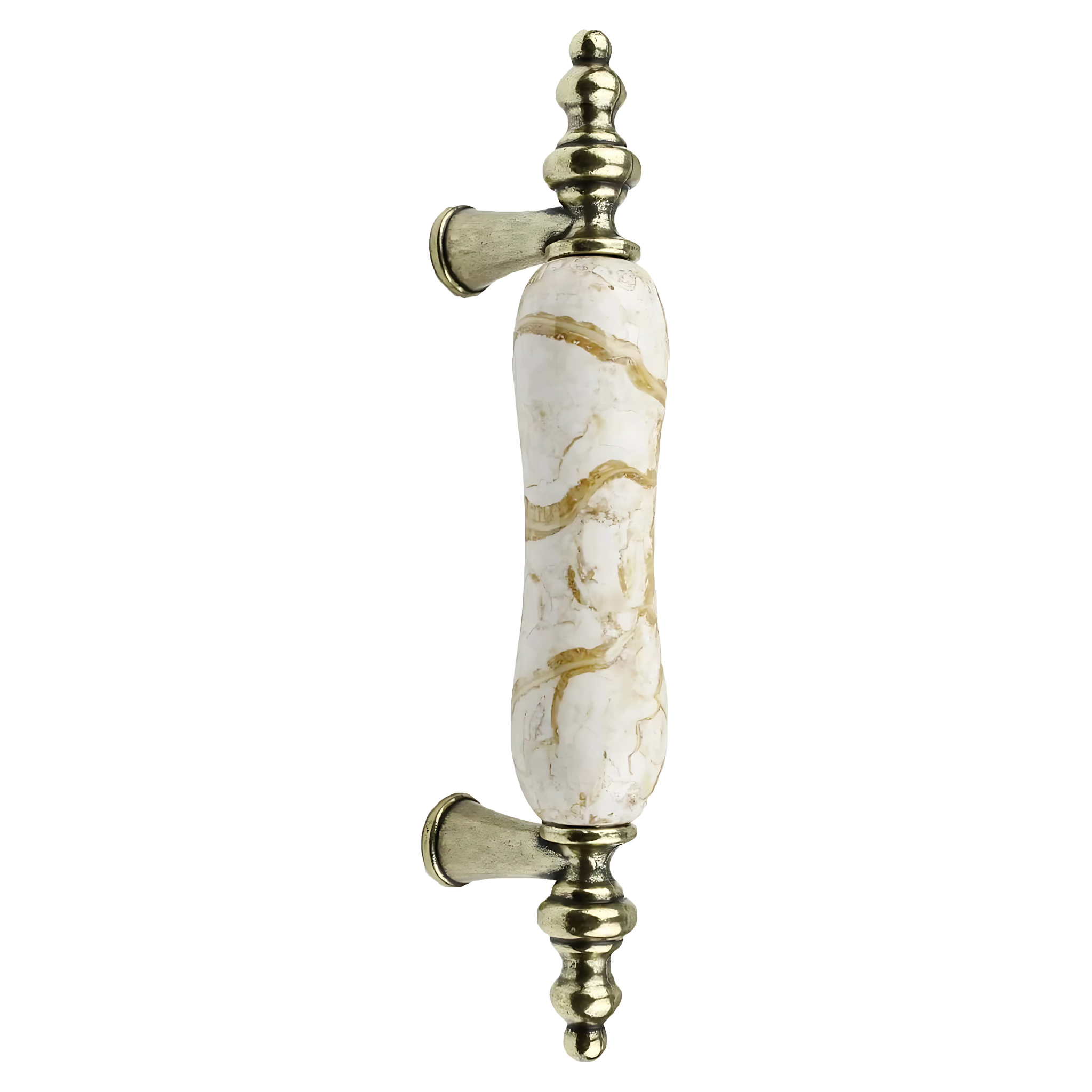 Antique ceramic and zinc cabinet pulls by Brass Essence, showcasing vintage design with intricate ceramic and zinc detailing.