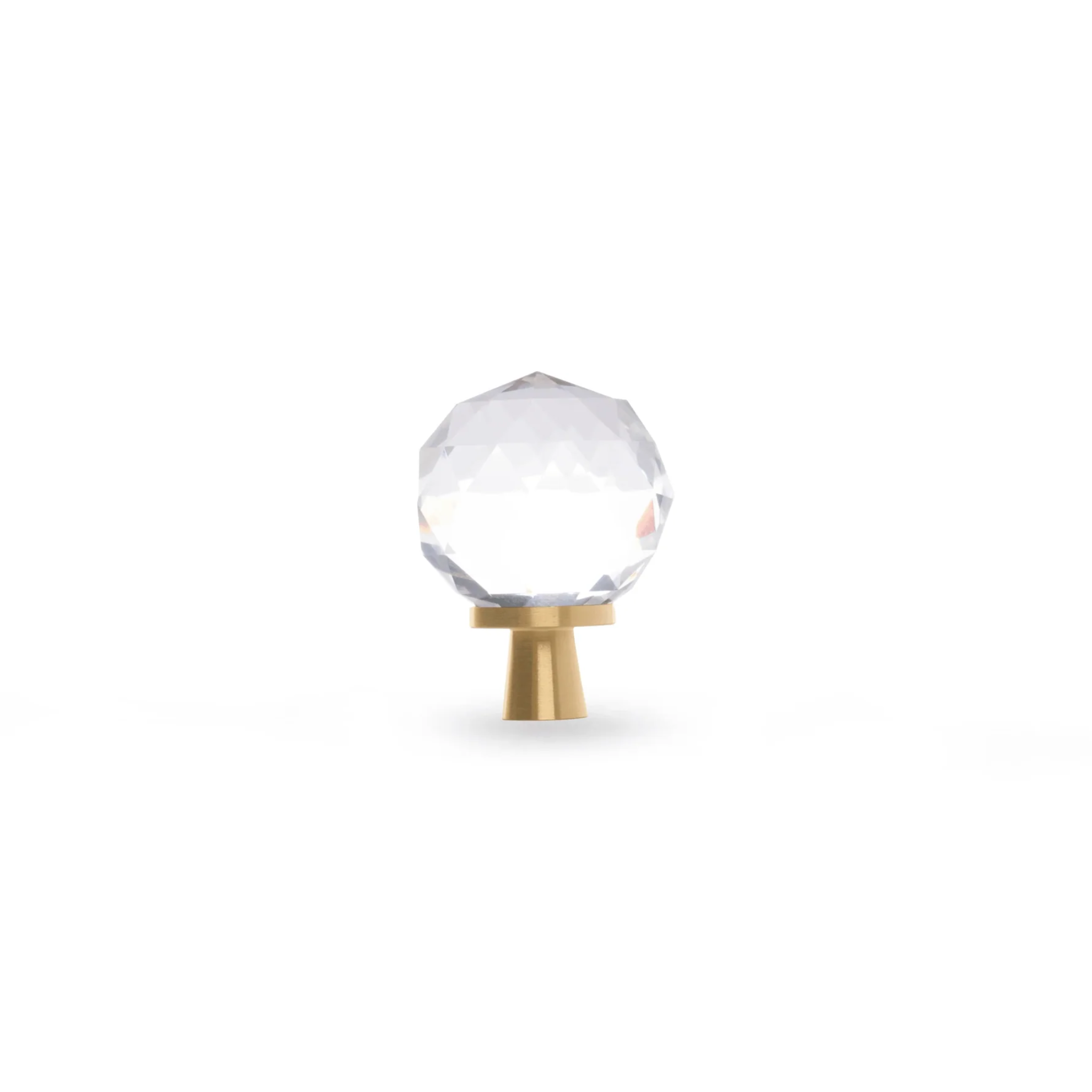Brass essence faceted crystal cabinet knob with brass finish, showing its shiny, geometric crystal design and smooth mounting base.