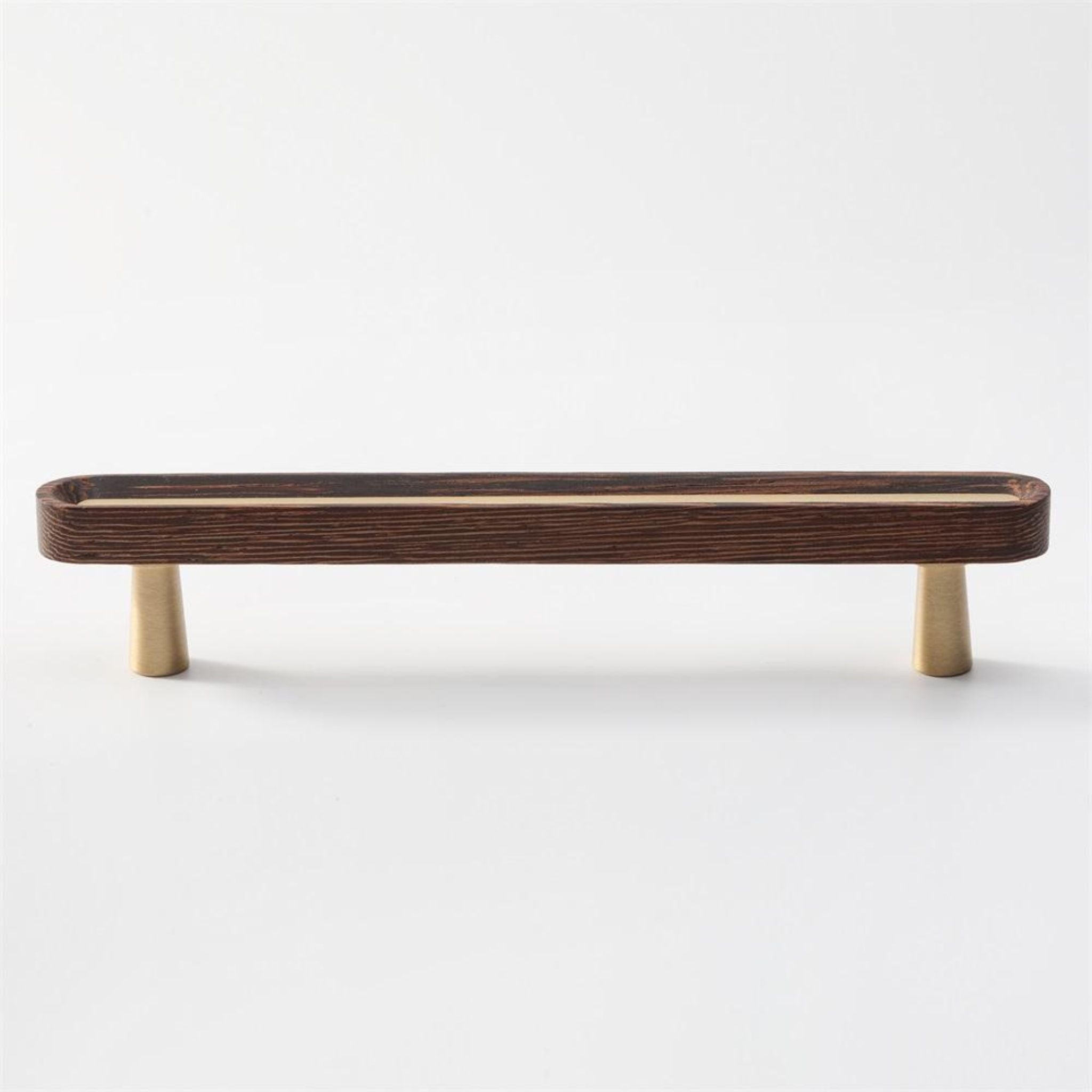 Brass Essence brushed brass and wenge wood handles, modern drawer pulls with sleek brass finish and dark wooden accents.