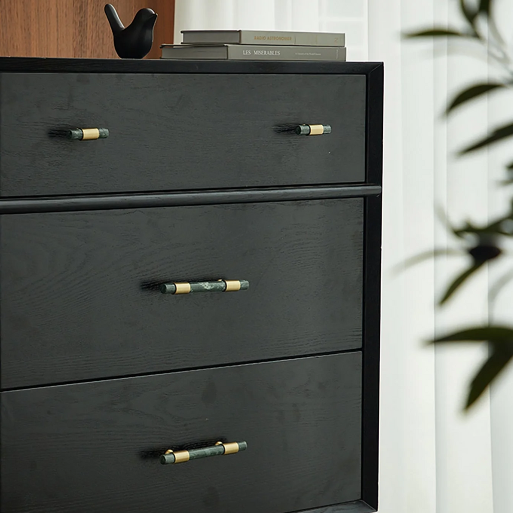 Karish marble and brass handles by Brass Essence with a brushed finish, featuring sleek, luxurious design for furniture or cabinetry.