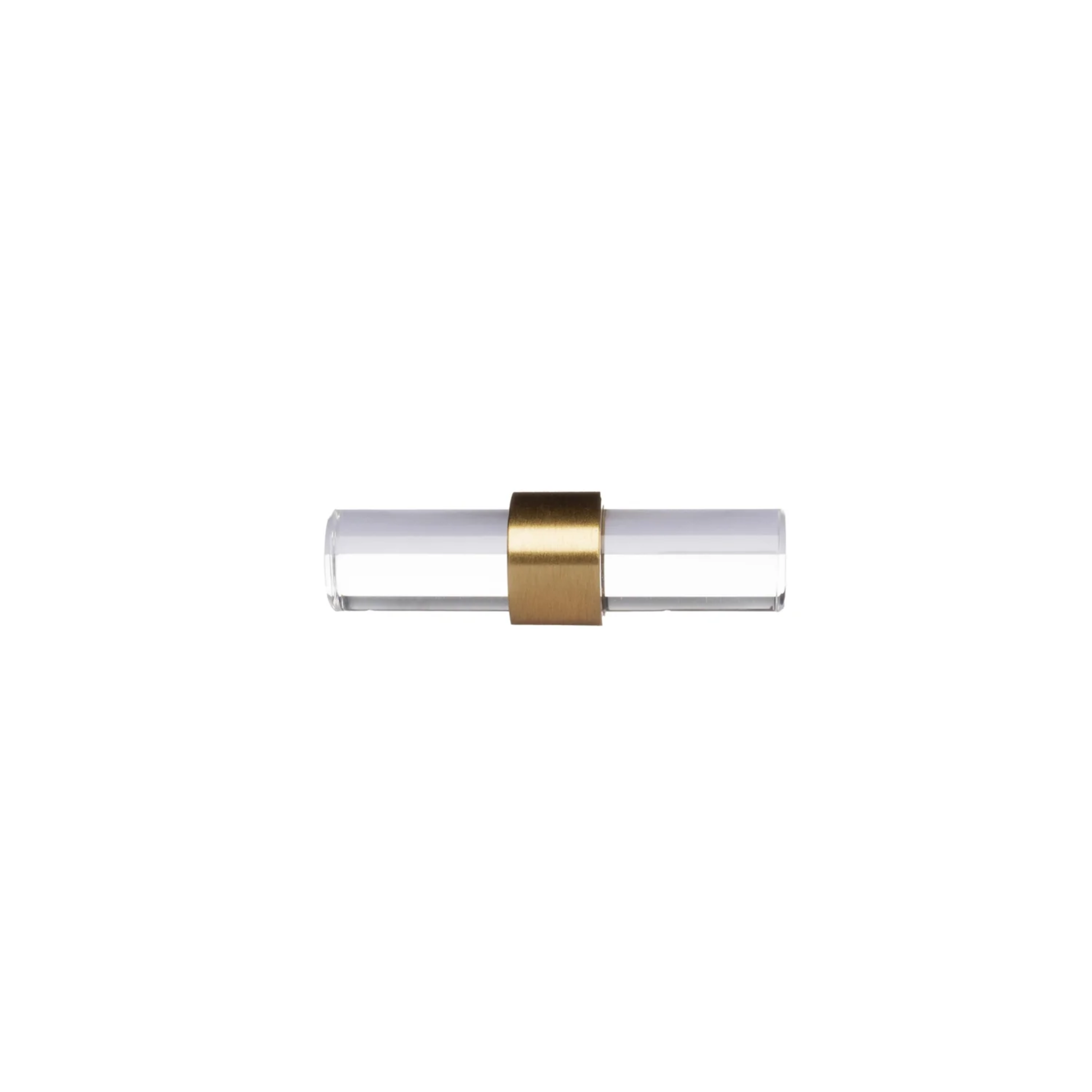 Clear acrylic and brass T-bar handle from Brass Essence collection, showing a sleek modern design with polished brass accents.