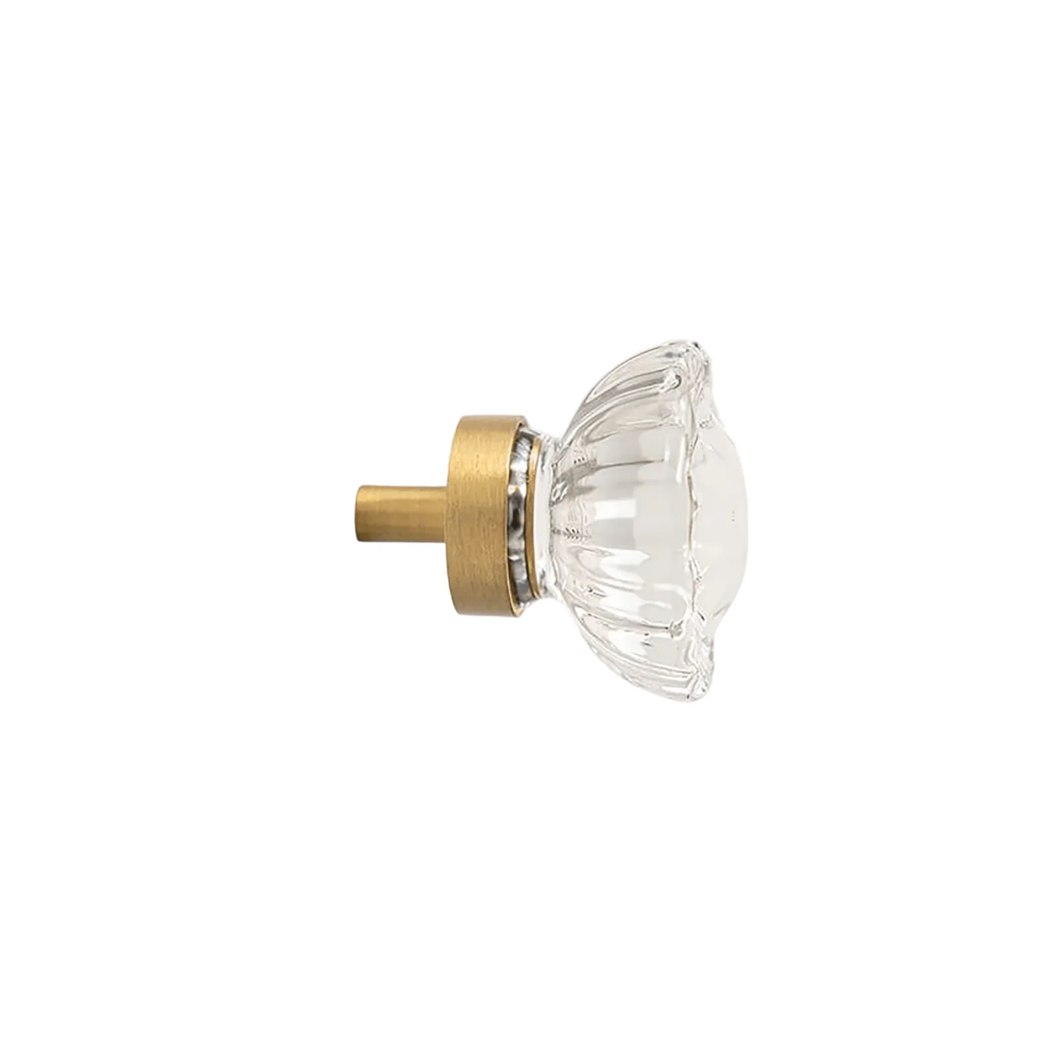 Faceted crystal and brass cabinet knob by Brass Essence, showcasing shiny, geometric design for furniture hardware.