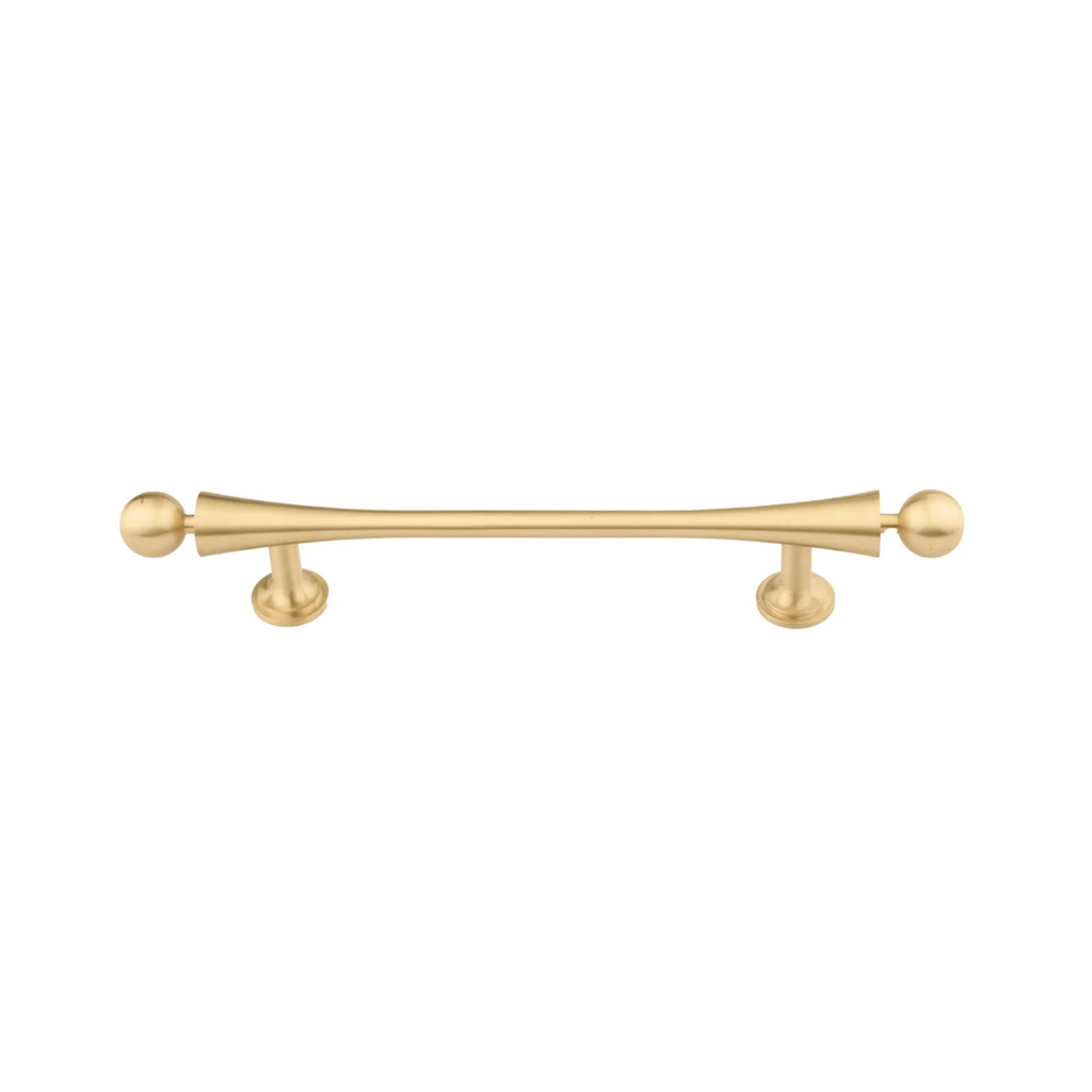 Brass Essence Seasaw Hourglass brushed brass cabinet handle with sleek, curved design for modern furniture.