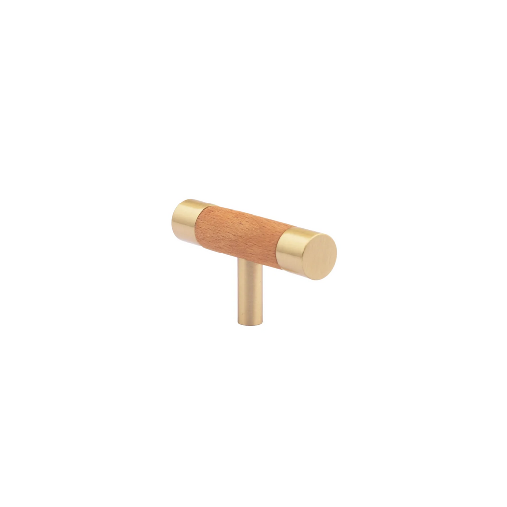 Natural wood and brass T-bar handle from Brass Essence collection, showcasing polished brass and smooth wooden grip.