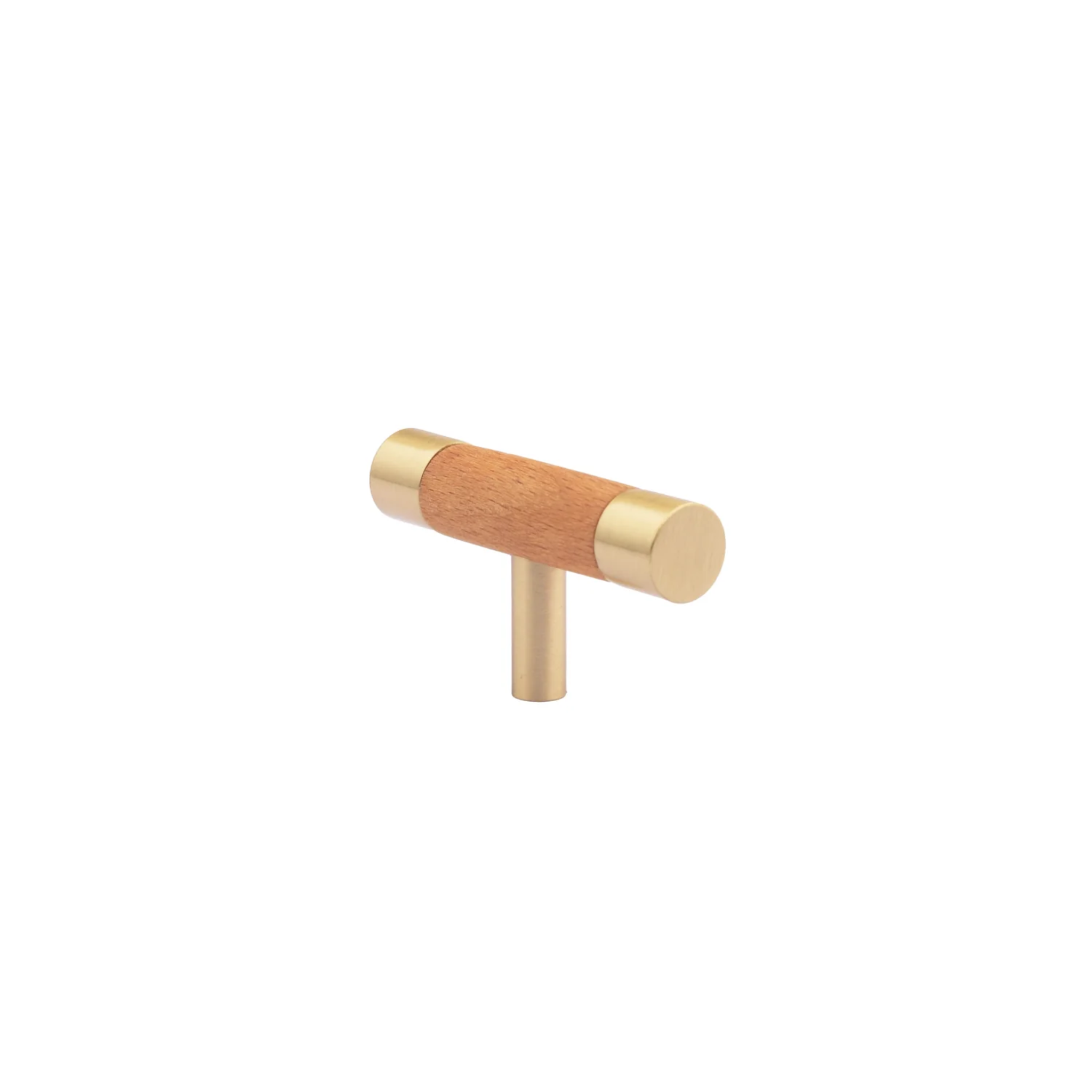 Natural wood and brass T-bar handle from Brass Essence collection, showcasing polished brass and smooth wooden grip.