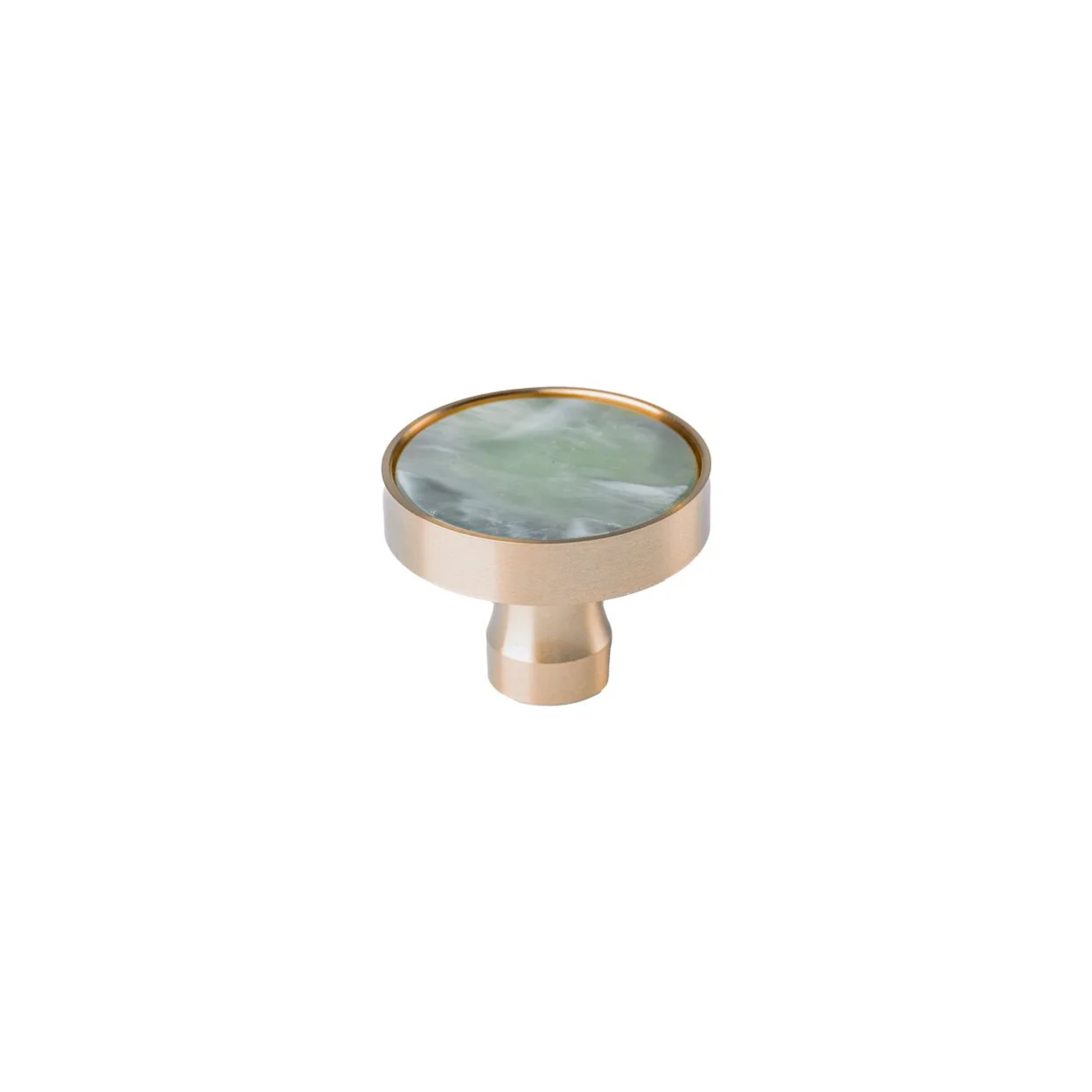 Acrylic and brass disc cabinet knob by Brass Essence, featuring a sleek round design with a polished brass finish.