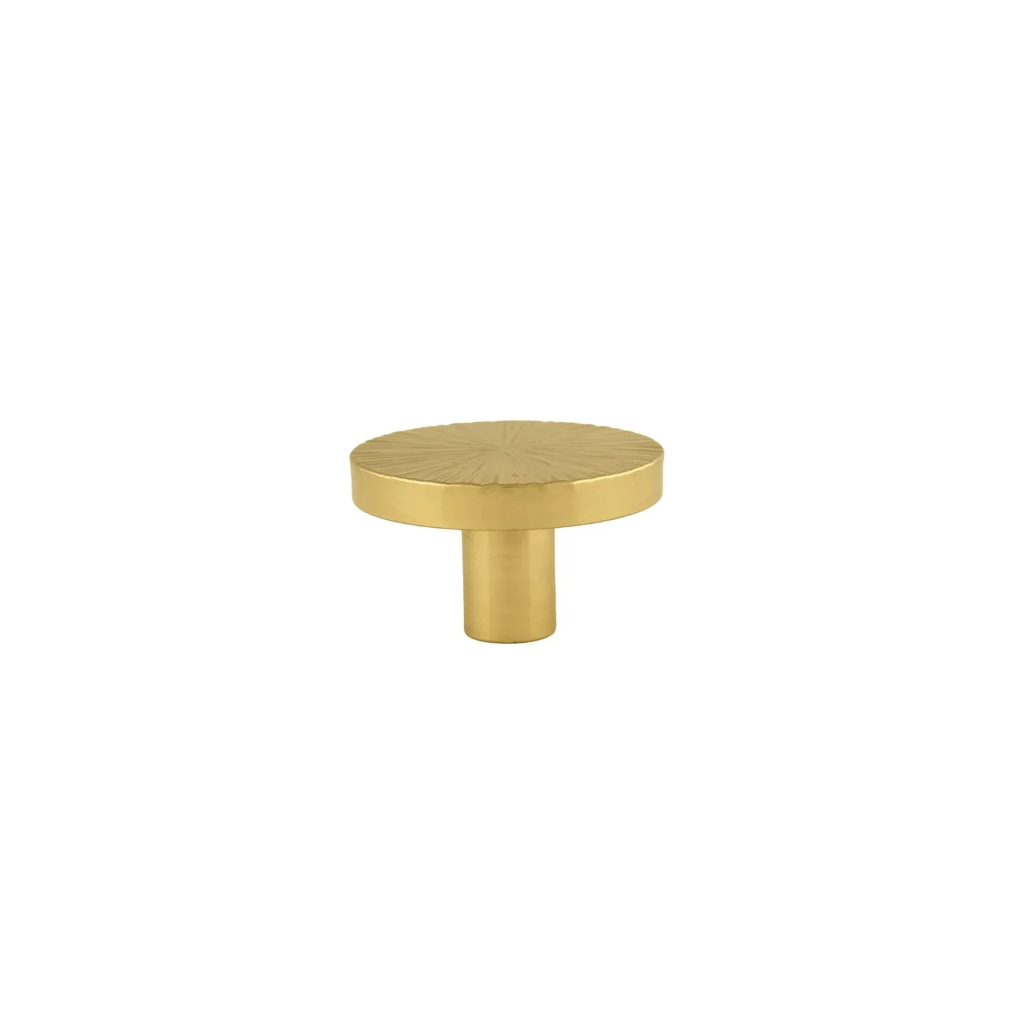 Hammered Sunburst Brass Cabinet Knob by Brass Essence, showcasing a textured, shiny brass handle with sunburst design.