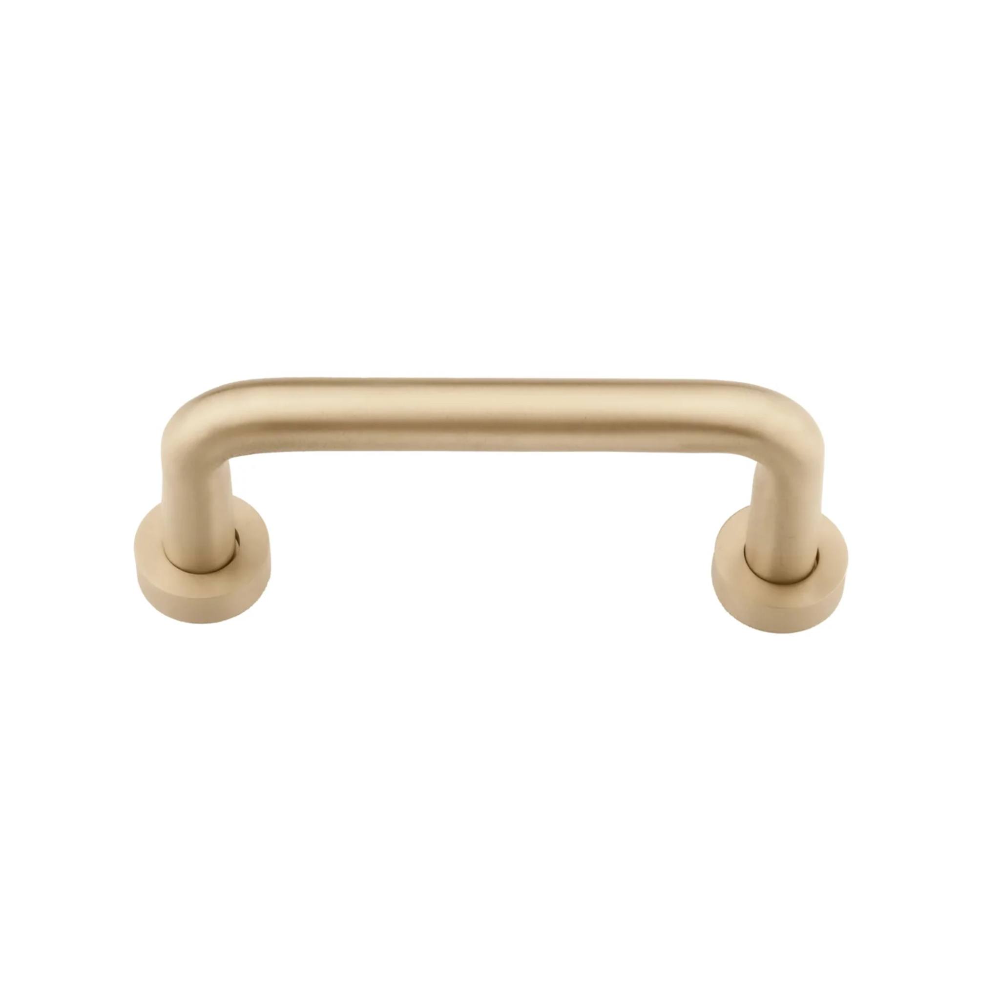Minimalist solid brass curved handle by Brass Essence, showcasing its smooth, polished design suitable for furniture or cabinetry.