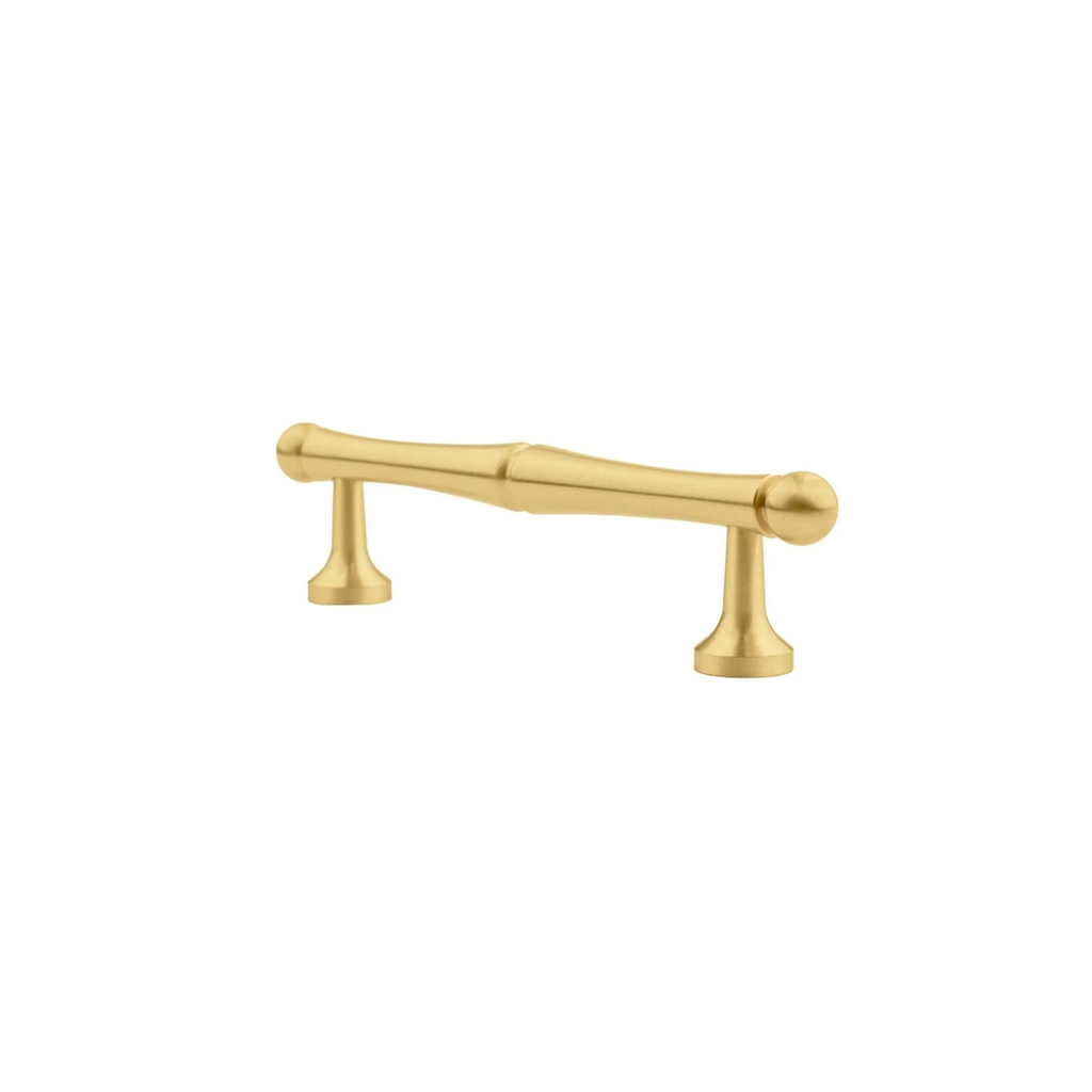 Brass essence Nishilia tapered brass cabinet handle collection, featuring sleek, polished handles suitable for furniture drawers and cabinets.