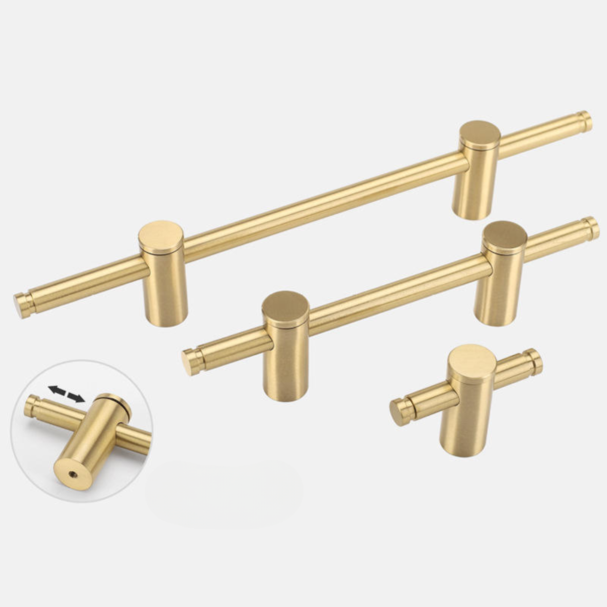 Adjustable solid brass bar handle from Brass Essence collection, sleek and sturdy for furniture or cabinetry.