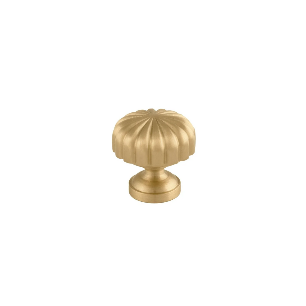 Brass Essence fluted pumpkin solid brass cabinet knob in gold finish, featuring a detailed pumpkin-shaped design for furniture decor.