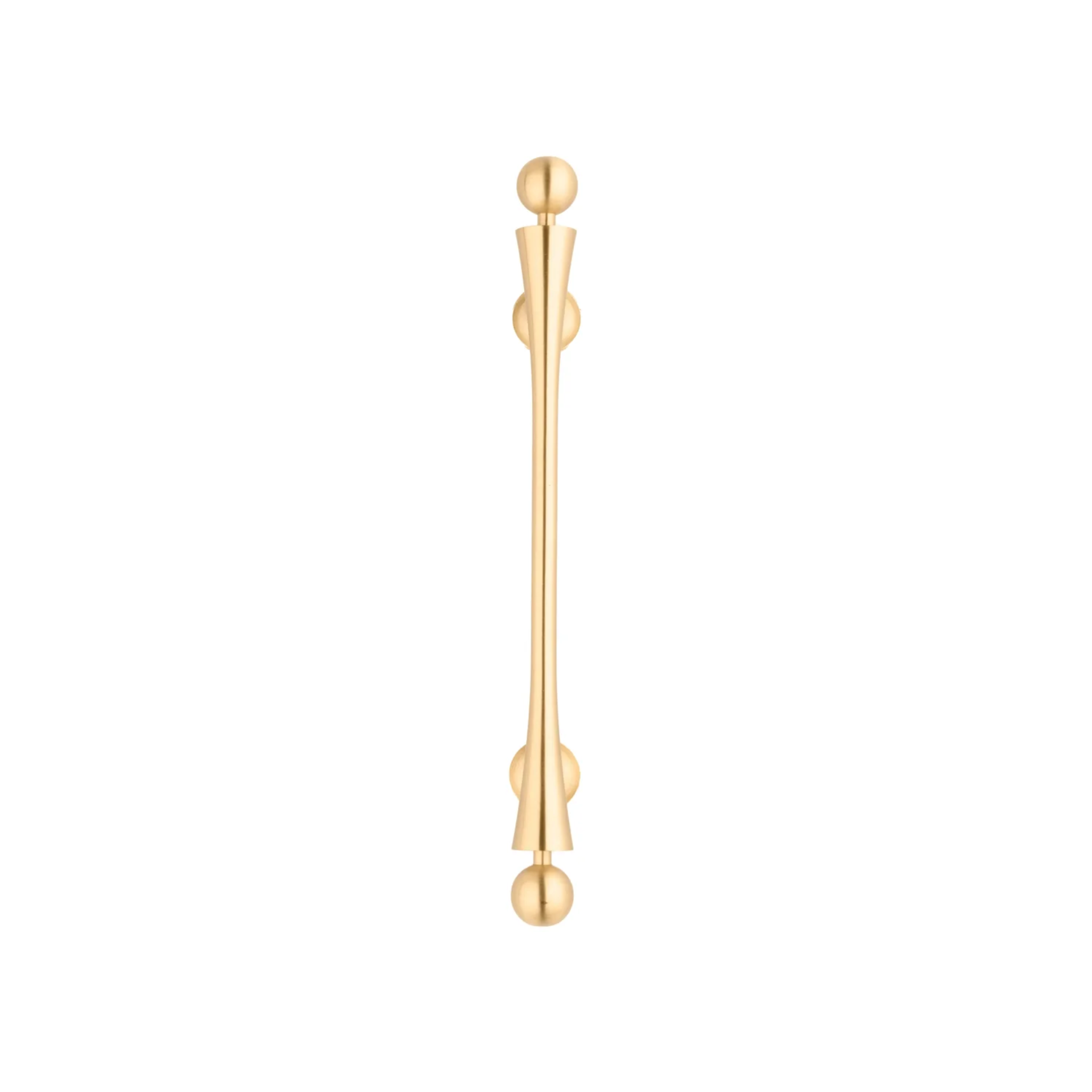 Seasaw hourglass-shaped brushed brass cabinet handle by Brass Essence, featuring a sleek, modern design for furniture hardware.