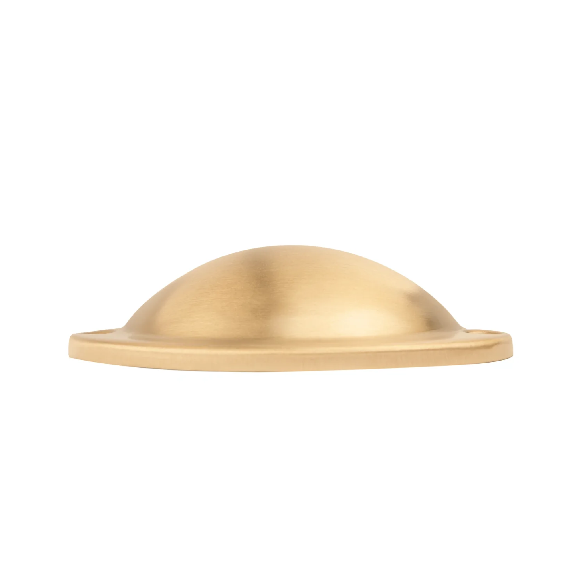 Brass essence Classic Brushed Brass Shell Pull mounted on a surface, showcasing its elegant, brushed brass finish and shell-shaped design.