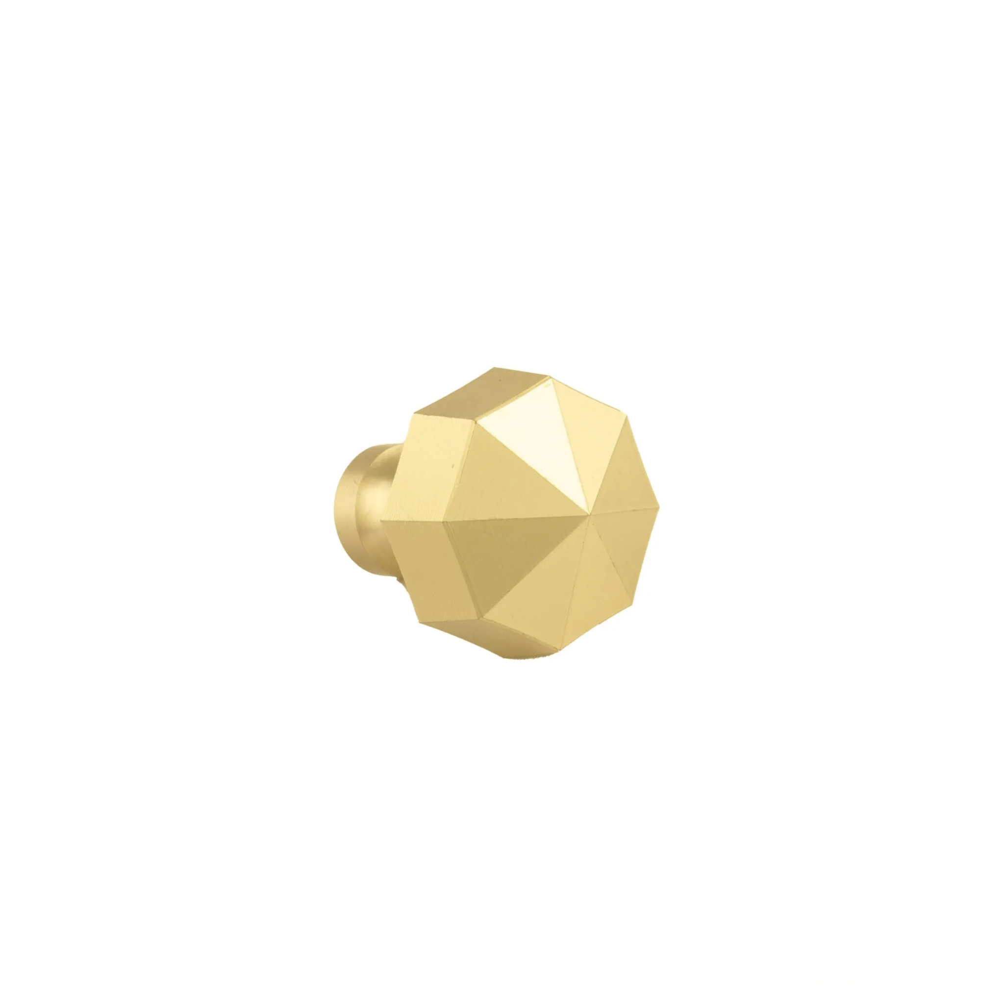 Brass Essence octagon-shaped geometric brass cabinet knob with a polished finish, mounted on a wooden surface.