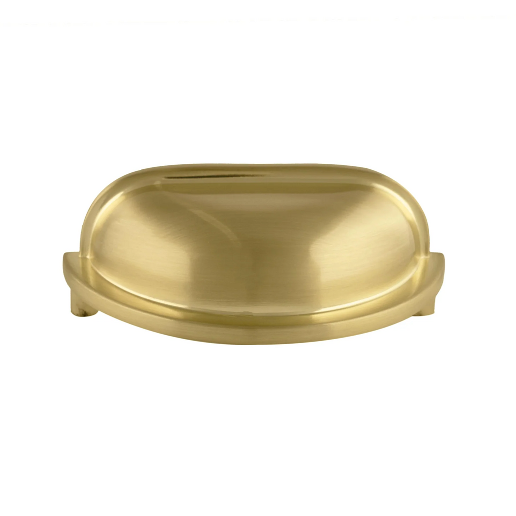 Brass Essence Classic Brushed Zinc Alloy Cup Pull Z-0003 mounted on a cabinet door, showing smooth brushed finish and sturdy design.