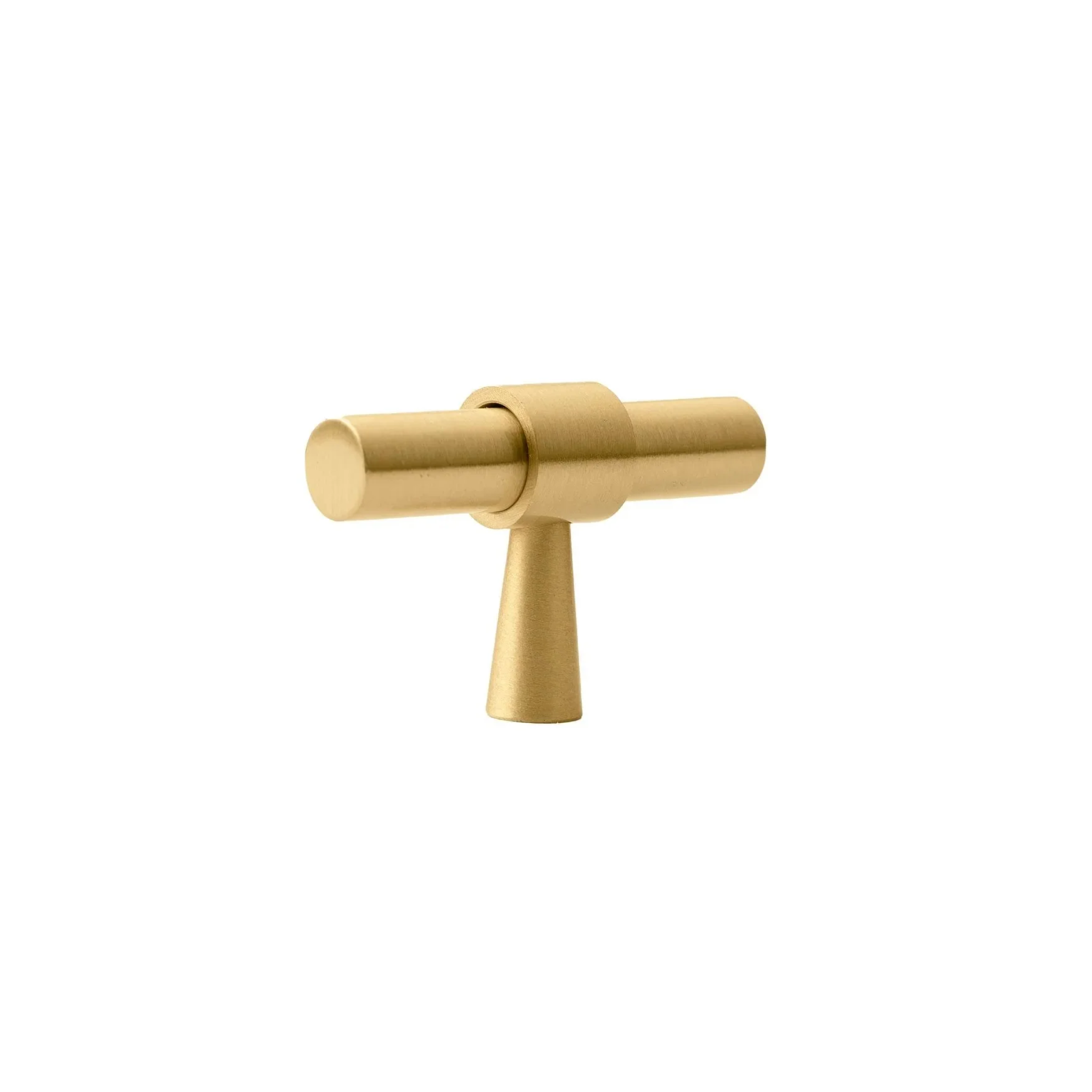 Brass Essence Naveena solid brass T-Bar handle from the collection, showcasing a sleek, polished T-shaped handle for cabinets or furniture.
