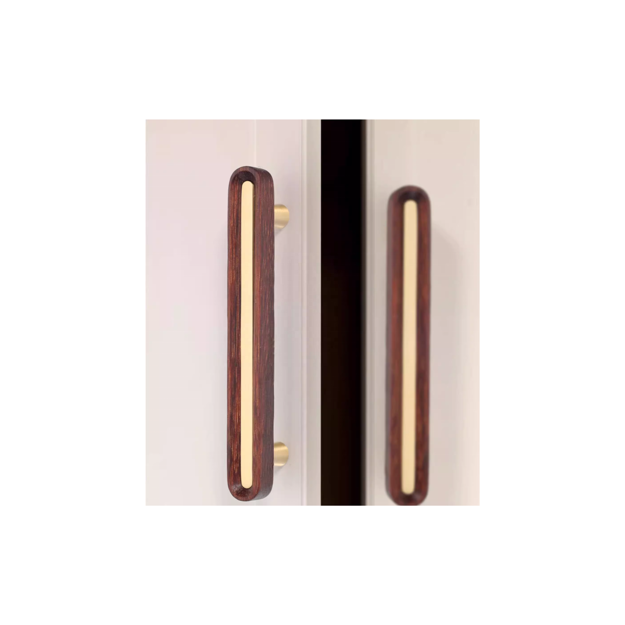 Brushed brass and wenge wood handles from Brass Essence, featuring sleek modern design and natural wood grain details.