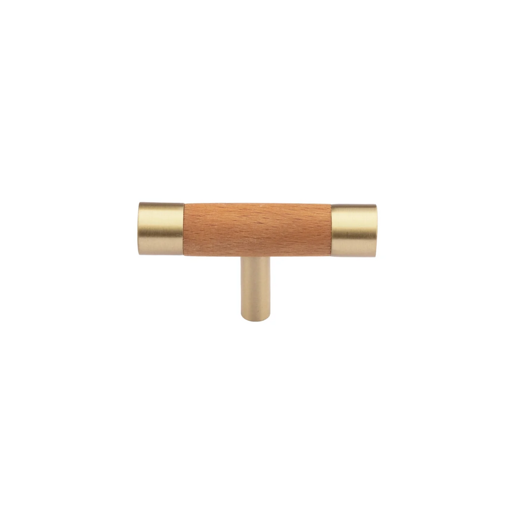 Brass Essence natural wood and brass T-Bar handle collection showing sleek handles with wooden and brass finishes.